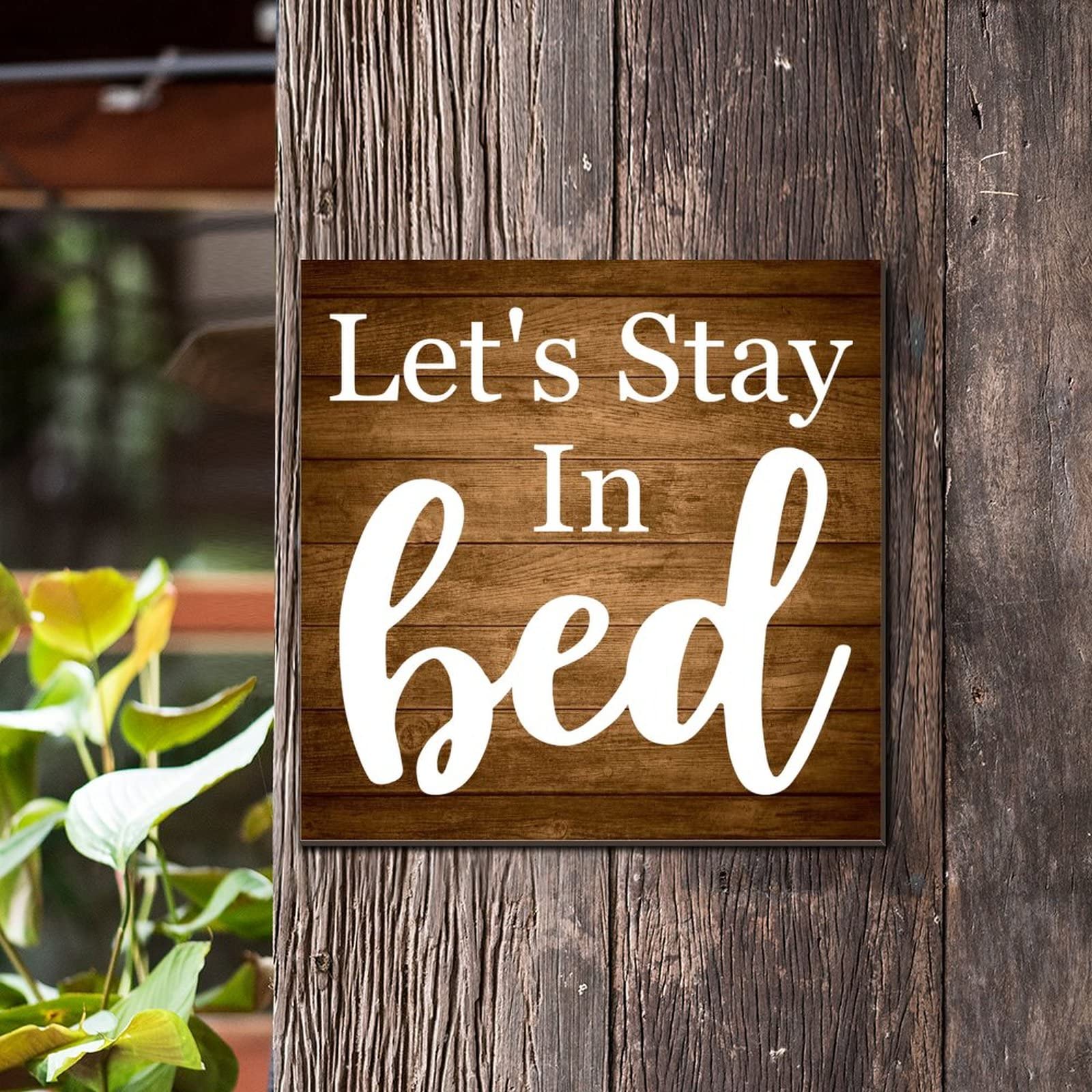 "Let's Stay In Bed" Rustic Farmhouse Wall Sign - 12x40 Inch Black Framed Bedroom Decor Above Bed - View #3