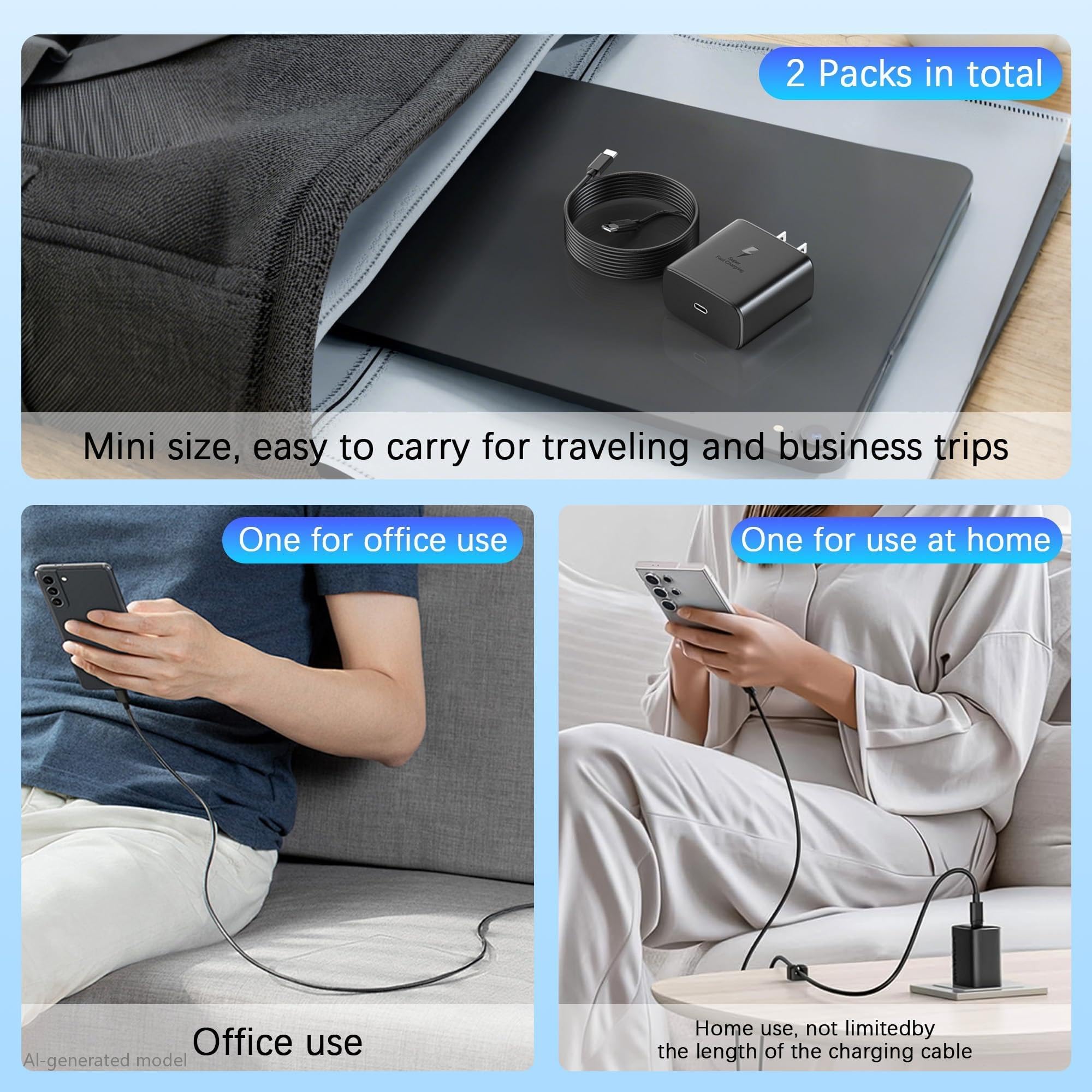 Cargador USB C de 45 W, Paquete de 2 Cargadores de teléfono Android de Carga rápida para Sam Sung Galaxy S24 Ultra/S24/S24+/S23 Ultra/S23/S23+/S22/S21/S20/Note10/20 Cable de Carga Tipo C