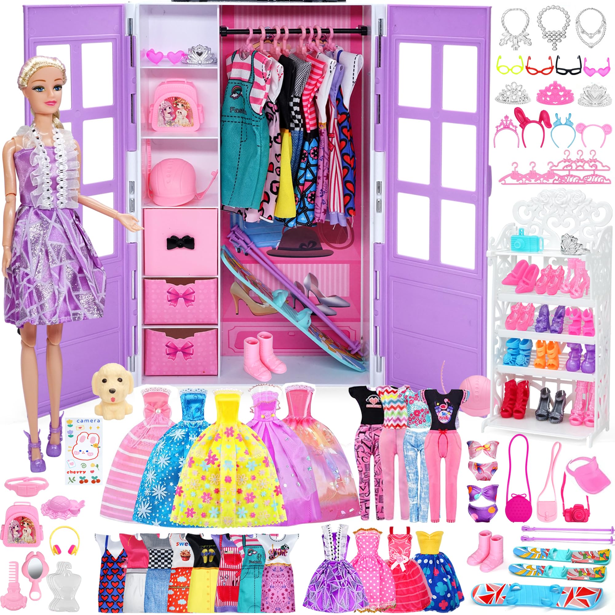 Sidola Doll Closet Kleidung und Accessoires - 135-teilig mit Stauraum für Puppen, Kleiderschrank-Set, Prinzessinnen-Fashion-Pack mit Brautkleid/Dress/Highheels/Kleidung