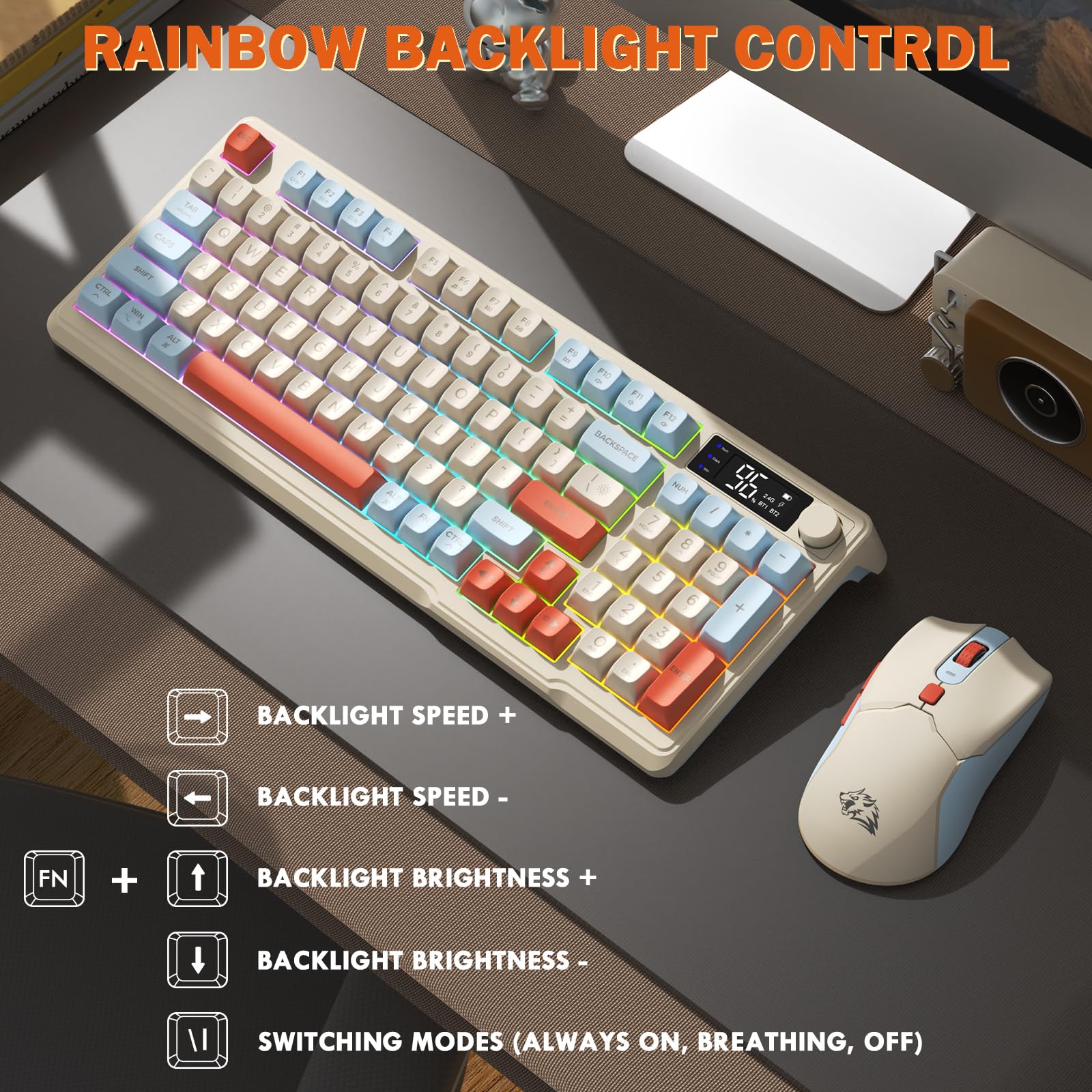 FREEWOLF T96 Clavier et Souris sans Fil, Bluetooth & 2,4G, Touches PBT, Molette Multimédia, Écran LCD, Silencieux, Anti-Ghosting, Disposition QWERTY, Rechargeable, pour Mac/Windows/Linux - Myrtille