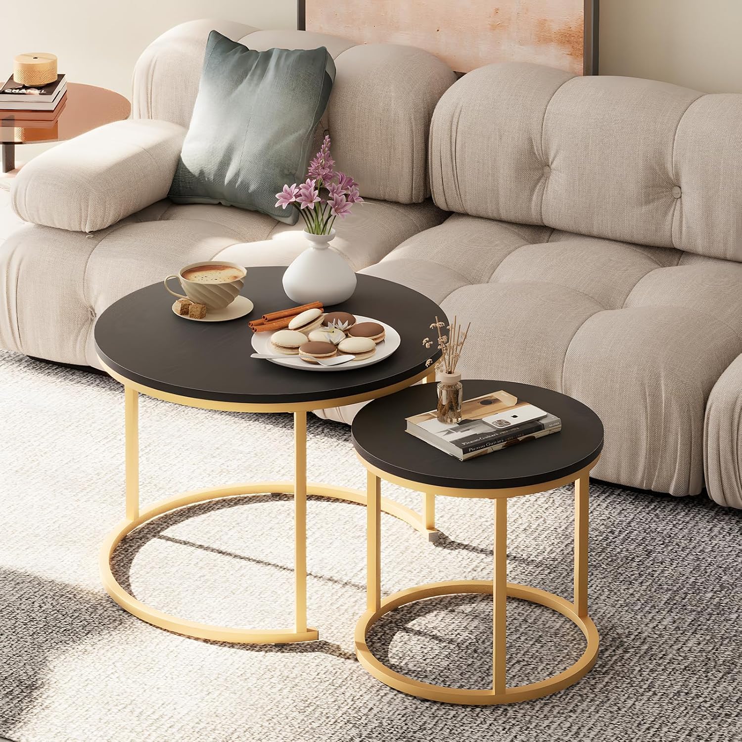 WOOD HUB Modern Round Nesting Coffee Tables Set of 2, End Tables & Center Tables Stylish & Space Saving Suitable for Dining Room, Living Room (Gold/Black)