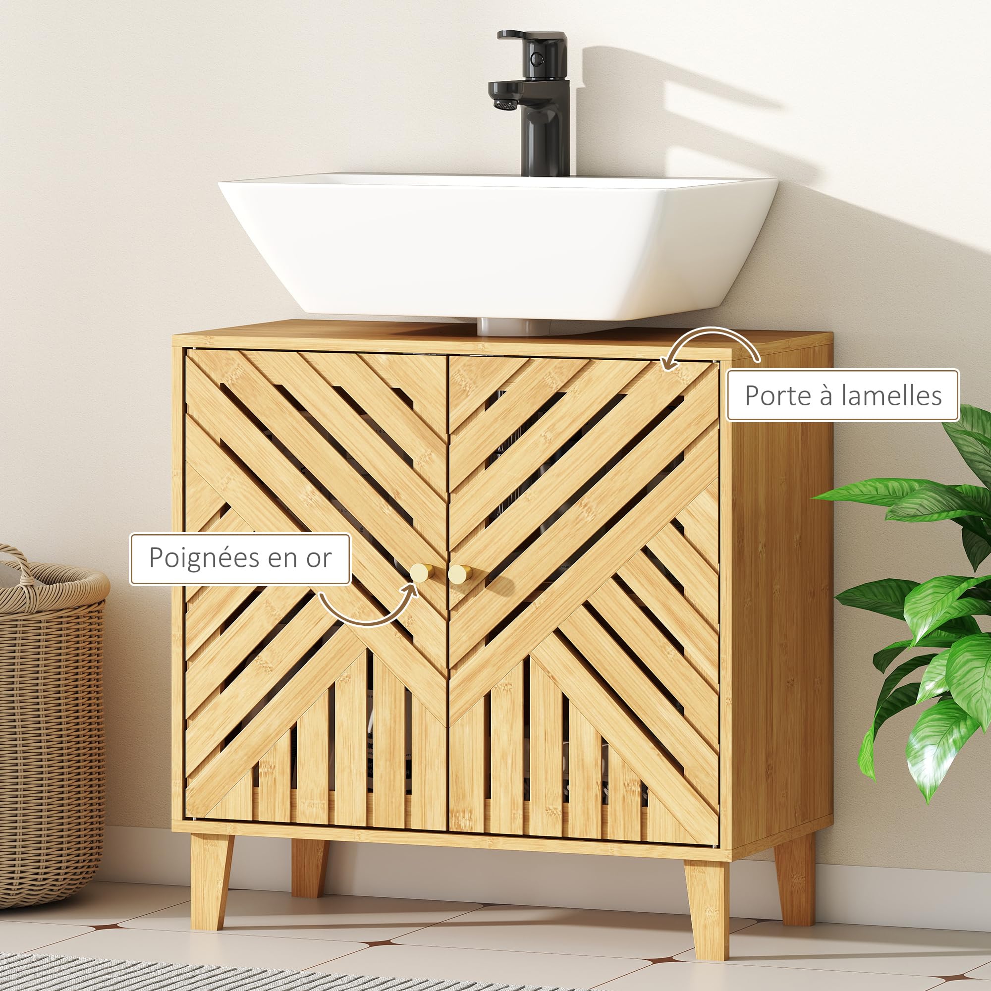 HOMCOM Meuble sous Lavabo Salle de Bain 60 x 30 x 60 cm Naturel | Étagère Réglable, Portes à Lattes, Bambou, Anti-Humidité