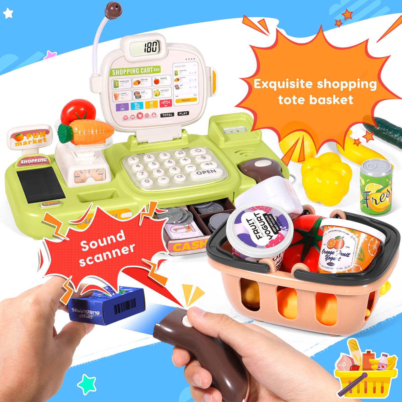 Jouets Caisse enregistreuse pour Enfants, 77 Accessoires, Cashier Cosplay Jouets avec Vraie Calculatrice Scanner Son et Lumière, Jouet Supermarché Jeu de Rôle pour Garçon Fille de 3+ Ans