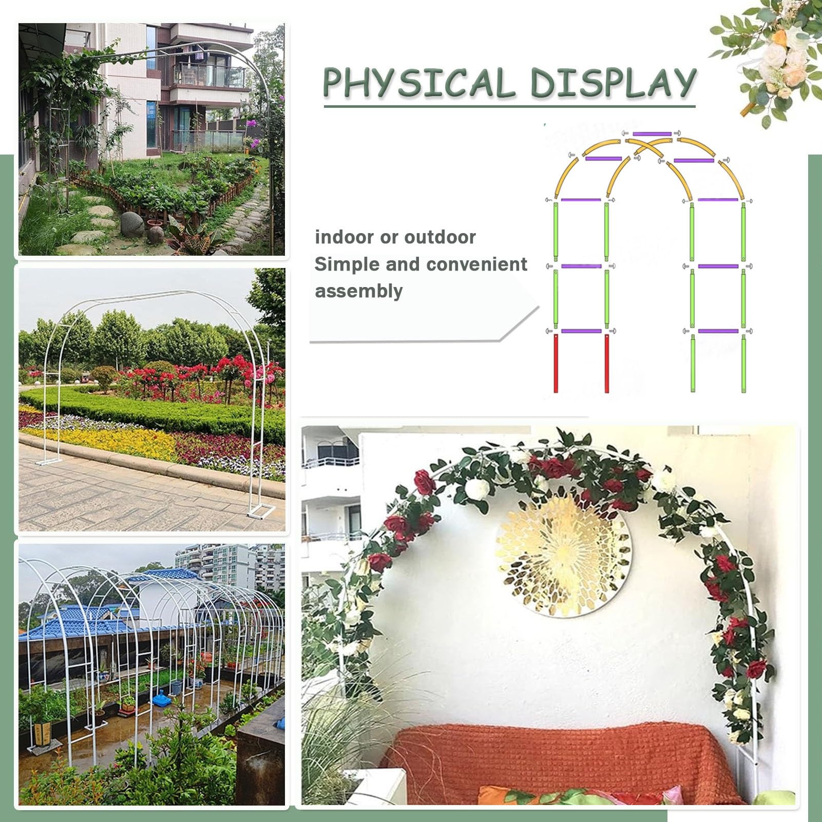 Ten metalowy łuk ogrodowy, 2,2 m, 2,3 m, 2,4 m, pergola, altana, wytrzymała, białe róże, łuki podtrzymujące łuki do roślin pnących, trawnika, patio, łuku ślubnego (rozmiar: 300 x 220 x 40 cm)