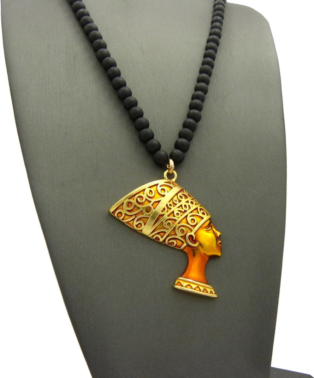 Fashion 21 Egyptian Queen Nefertiti Pendant 6mm 30 inches Wooden Bead Necklace Gold Tone 2 Colors Available