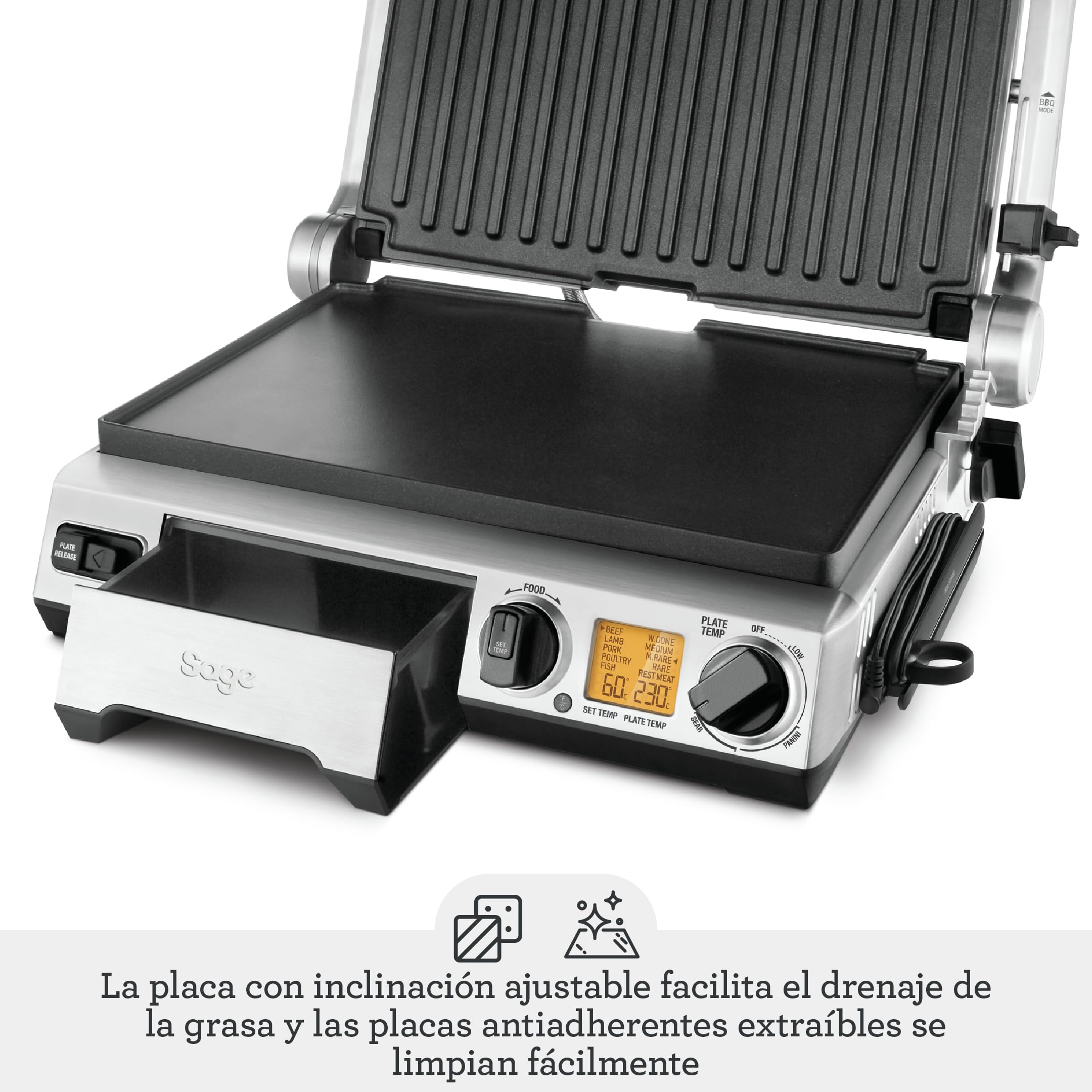 Sage Smart Grill Pro - Plancha con Modo Barbacoa, Acero Inoxidable | Placas Element iQ de 2400W, 5 Ajustes de Carne con Termómetro Integrado, Modo Barbacoa de 260 Pulgadas
