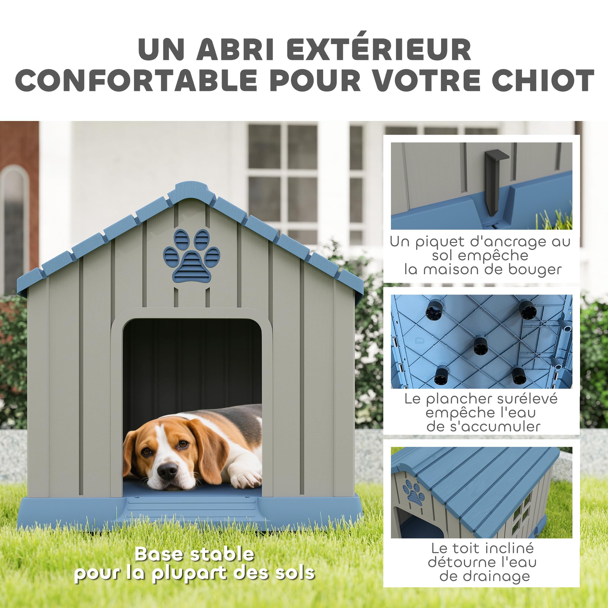 PawHut Niche pour Chien extérieur en polypropylène imperméable, ventilé, Ultra Facile à Assembler, Maison Chien extérieur, Plancher surélevée et bouches d'aération, Jardin, terrasse, intérieur, Gris