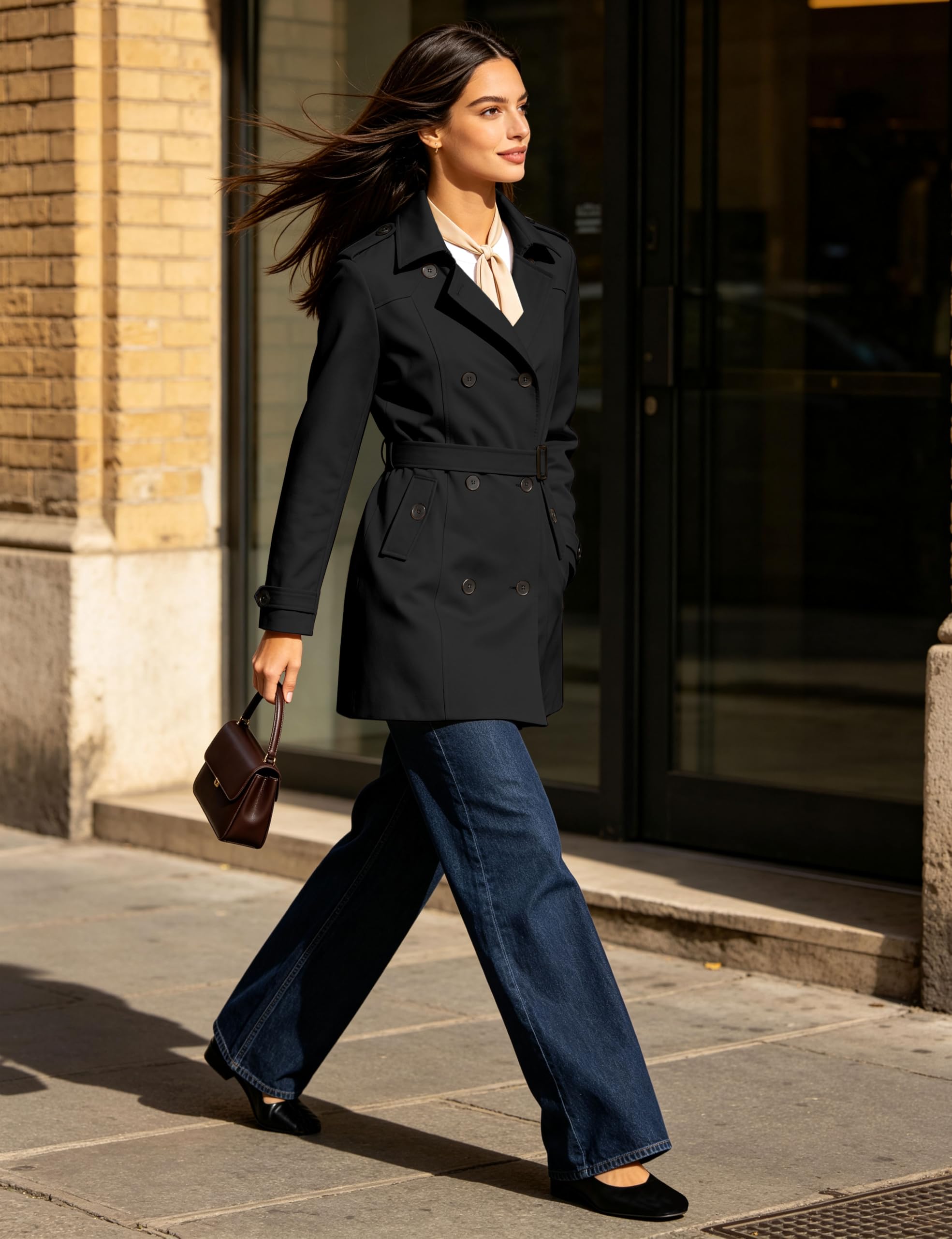 Wantdo Abrigo Trench para Mujer Gabardina Impermeable con Doble Botonadura para Mujer Abrigo Ligero a Prueba de Viento Charreteras con Cinturón Chaqueta Ajustada