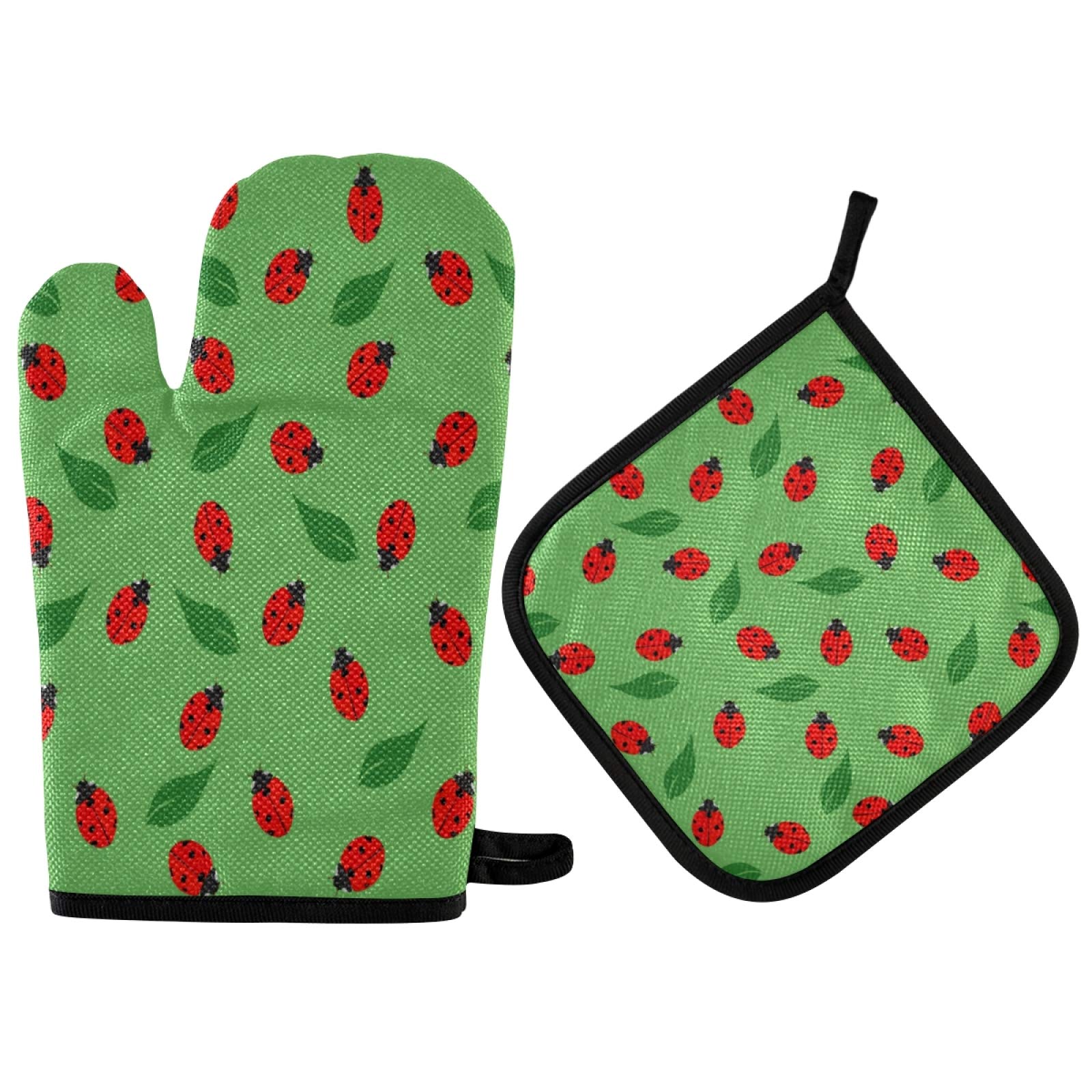 TropicalLife OOWOW - Set di guanti da forno e presine, con motivo fenicottero tucano e foglie di palma, fodera in cotone, resistente al calore, per cucina e cottura alla griglia, Natale