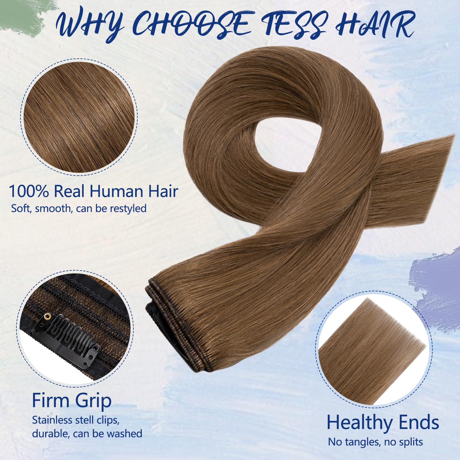 TESS Clip In Hair Extension,Hair Extensions Real Human Hair One Peice 5 Clips Straight Natural Hairpieces for Womens/Girls(#6 Light Brown,12Inch) - Image 3