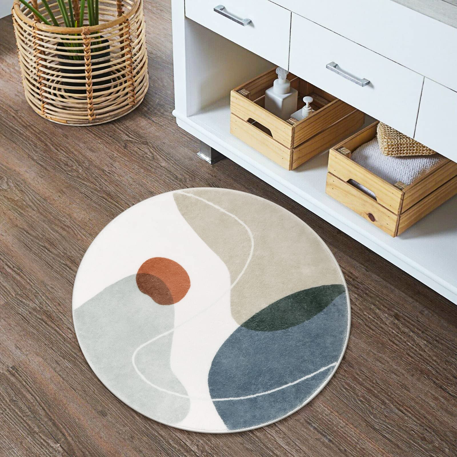 2' round Uphome Round Bathroom Rugs 2ft Non Slip Circle Boho Small Rug Modern Abstract Washable Throw Rug Soft Aesthetic Mid Century Floor Mats for Powder Room Entryway Nursery