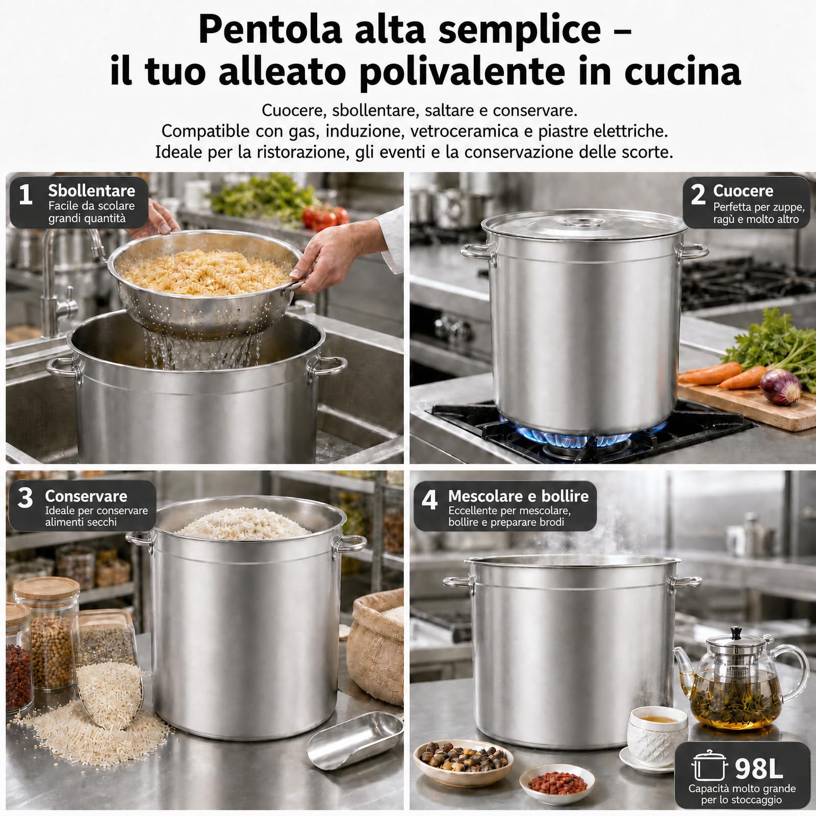 Pentola per zuppa in acciaio inox, 98 l, grande con manici e coperchio per lavandino, Ø 51,5 cm, altezza: 50 cm, in acciaio inox, grande per tutti i piani cottura e le grandi cucine