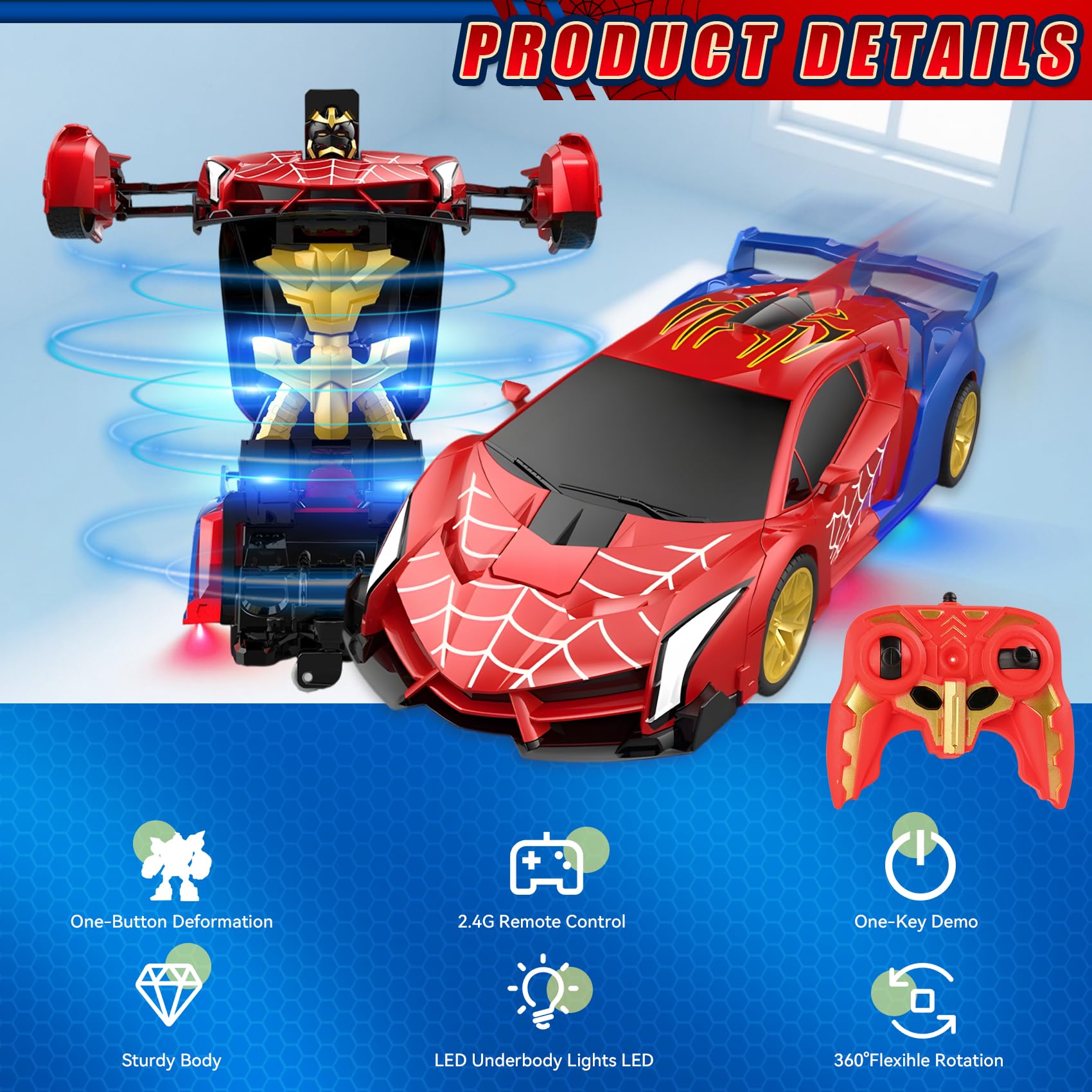 Voiture Télécommandée Spider Robot 2 en 1 Transformable, 360° Rotation, Lumières Sous le Châssis, 2.4GHz Transformable Voiture Cadeau pour Filles Garçons à Partir de 3 4 5 6 7 8 Ans