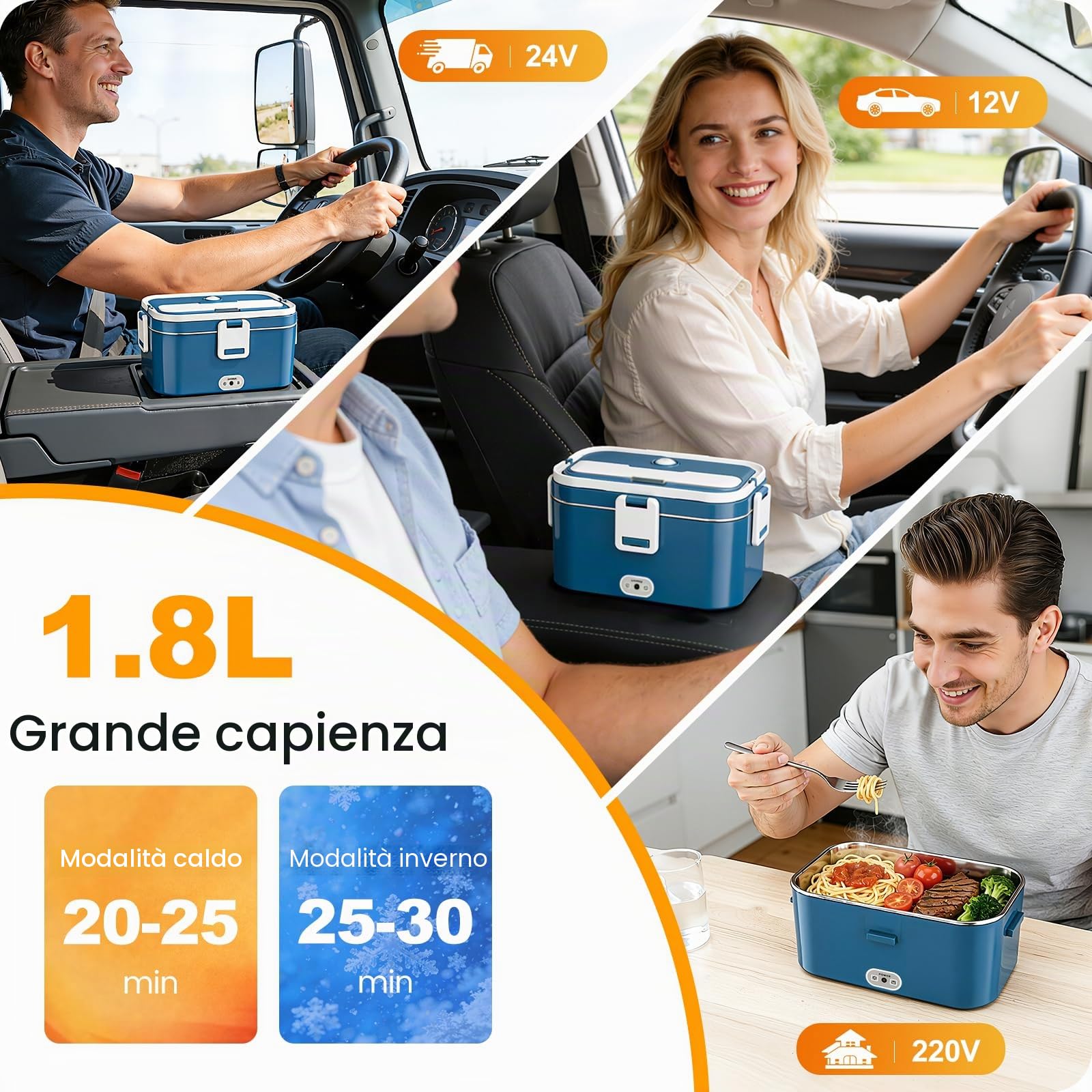 Scaldavivande Elettrico Portatile 100W 1.8L Lunch Box Termico 3 in 1(12V/24V/240V) per Auto Camion e Ufficio, Porta Pranzo Riscaldabile in Acciaio Inox con Borsa Forchetta e Cucchiaio