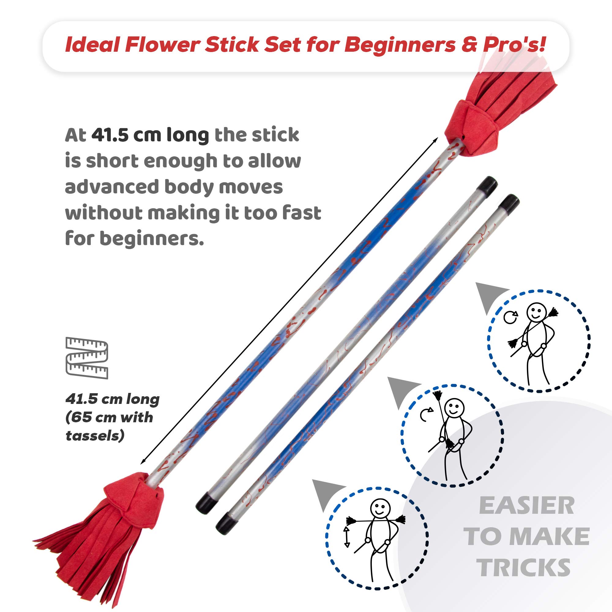 Juggle Dream Picasso Flowerstick avec Baguettes en Silicone Ultra Adhérentes. Bâton du Diable pour Jongler et Danser (Bleu/Argent/Rouge Pompons)