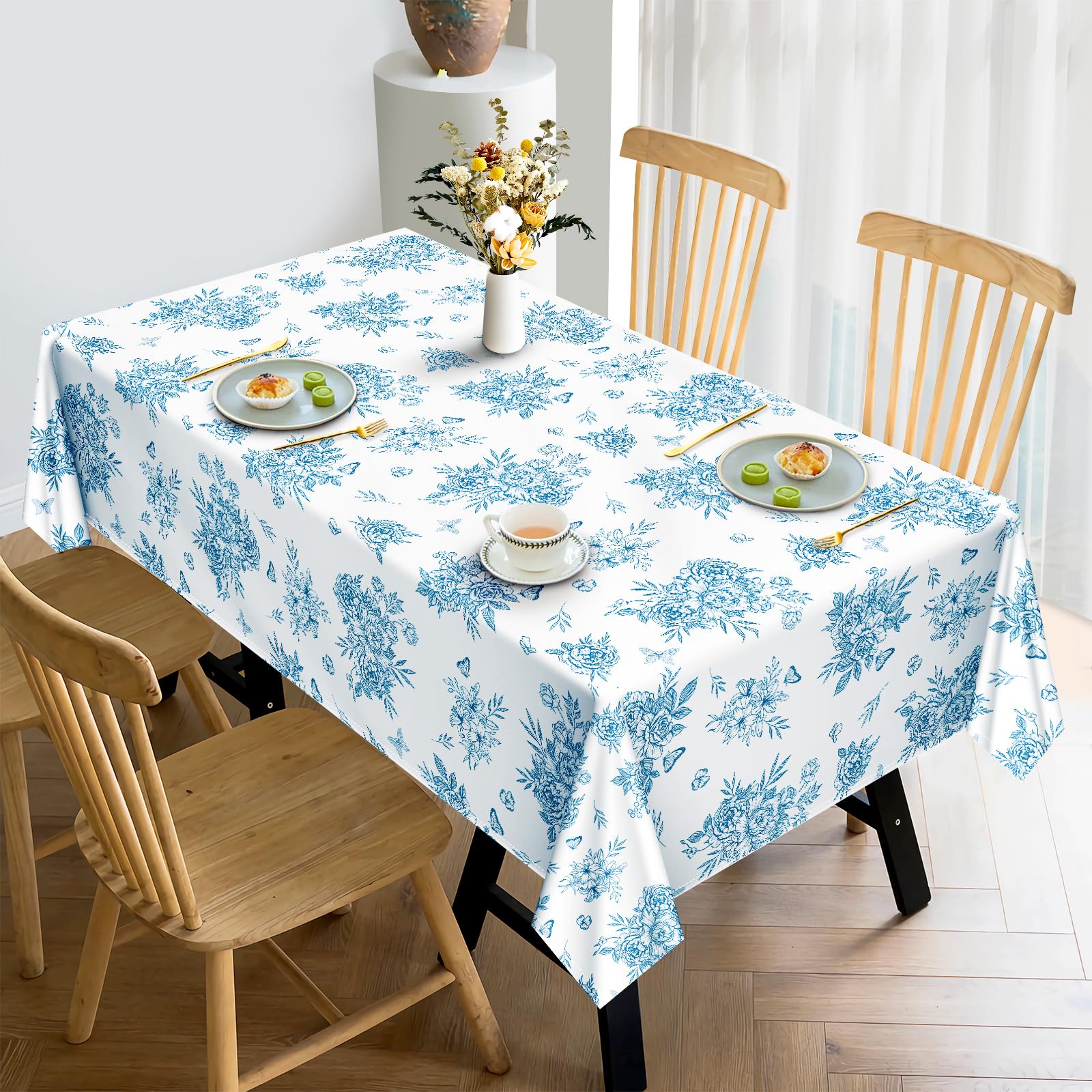 Arquiel Rustic Blue Floral Tablecloth Waterproof, Watercolor Flower Table Cloth Rectangle Stain Resistant - Image 3