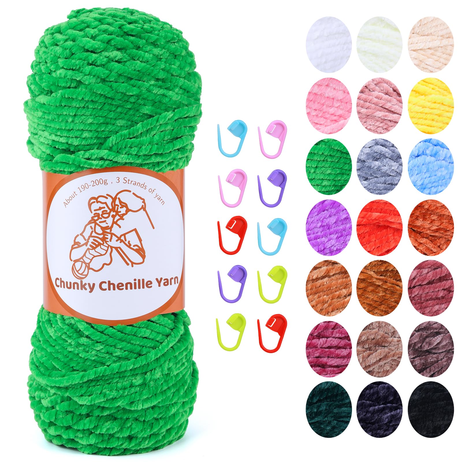 Chunky Chenille Yarn (7OZ/200G) - 3 Strands of Soft Velvet for Crocheting Knitting Thick Blanket, Shoe, Hat, Clothing, Cushion (Green)