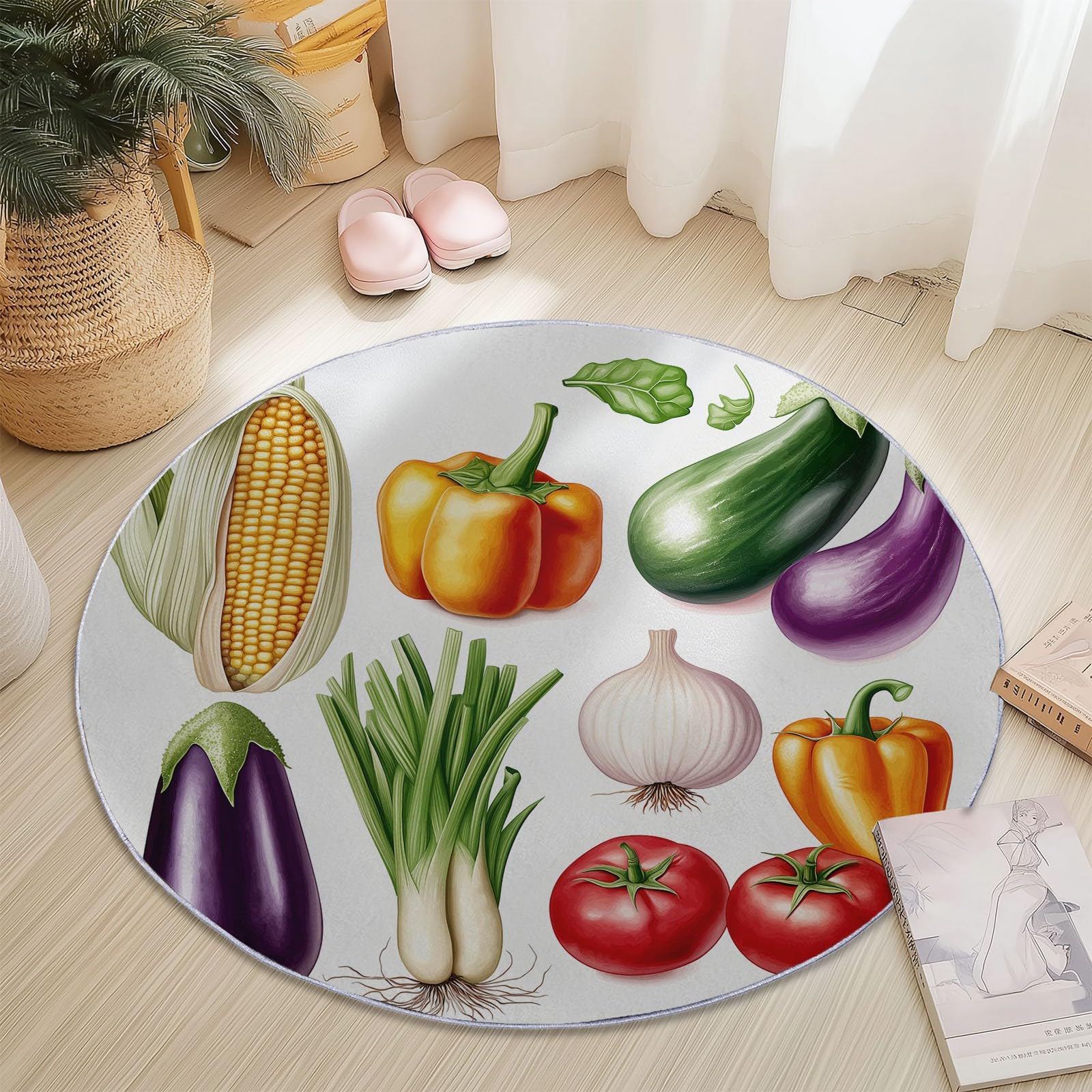 Tappeto rotondo da 245 cm, con stampa di elementi vegetali colorati e colorati, moderno, antiscivolo, in flanella, lavabile, morbido, per cameretta dei bambini, sala giochi, camera da letto