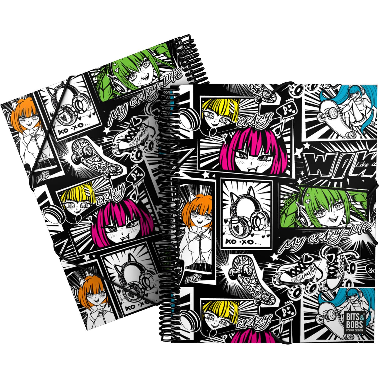 Grafoplás Bits&Bobs Pop Up Design Cats Collection School Folder with Clear Sleeves A4 PVC Spiral Flexible Cover 30 Polypropylene Inserts