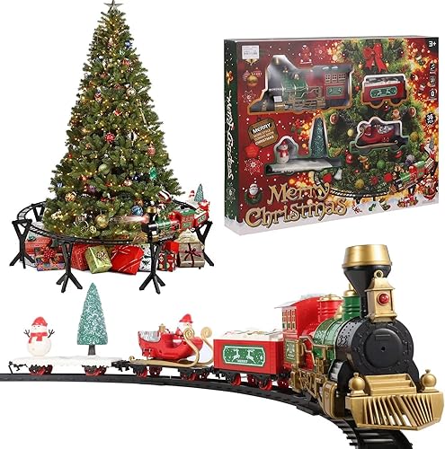Juego de tren de Navidad para árbol de Navidad, juego de tren ferroviario con humo, luces, sonido y muñeco de nieve de Papá Noel
