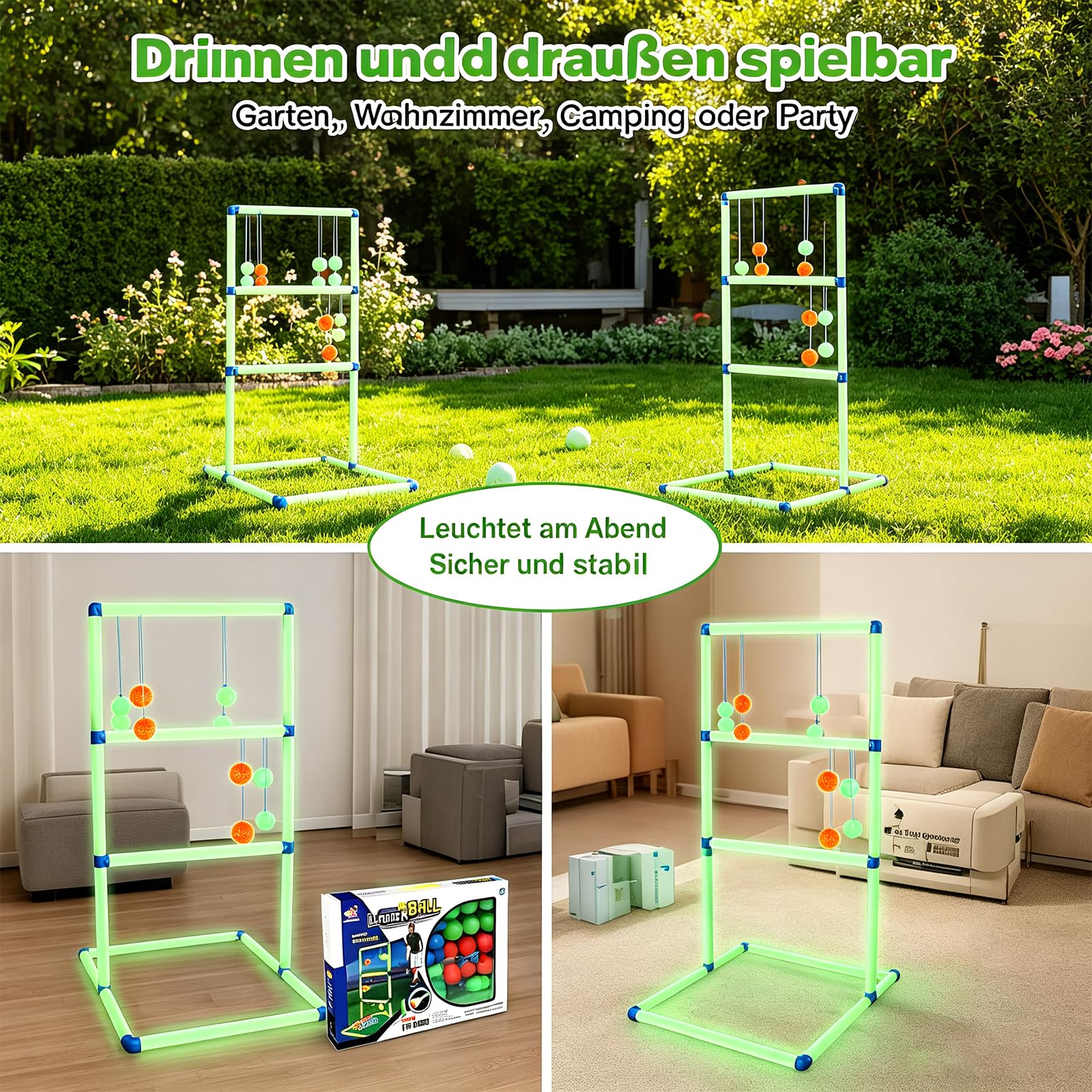 Leitergolf Outdoor mit Nachtleucht-Effekt – Modernes Wurfspiel Gartenspiel mit Bolas, Geschicklichkeitsspiel für Garten, Camping, Terrasse und Party