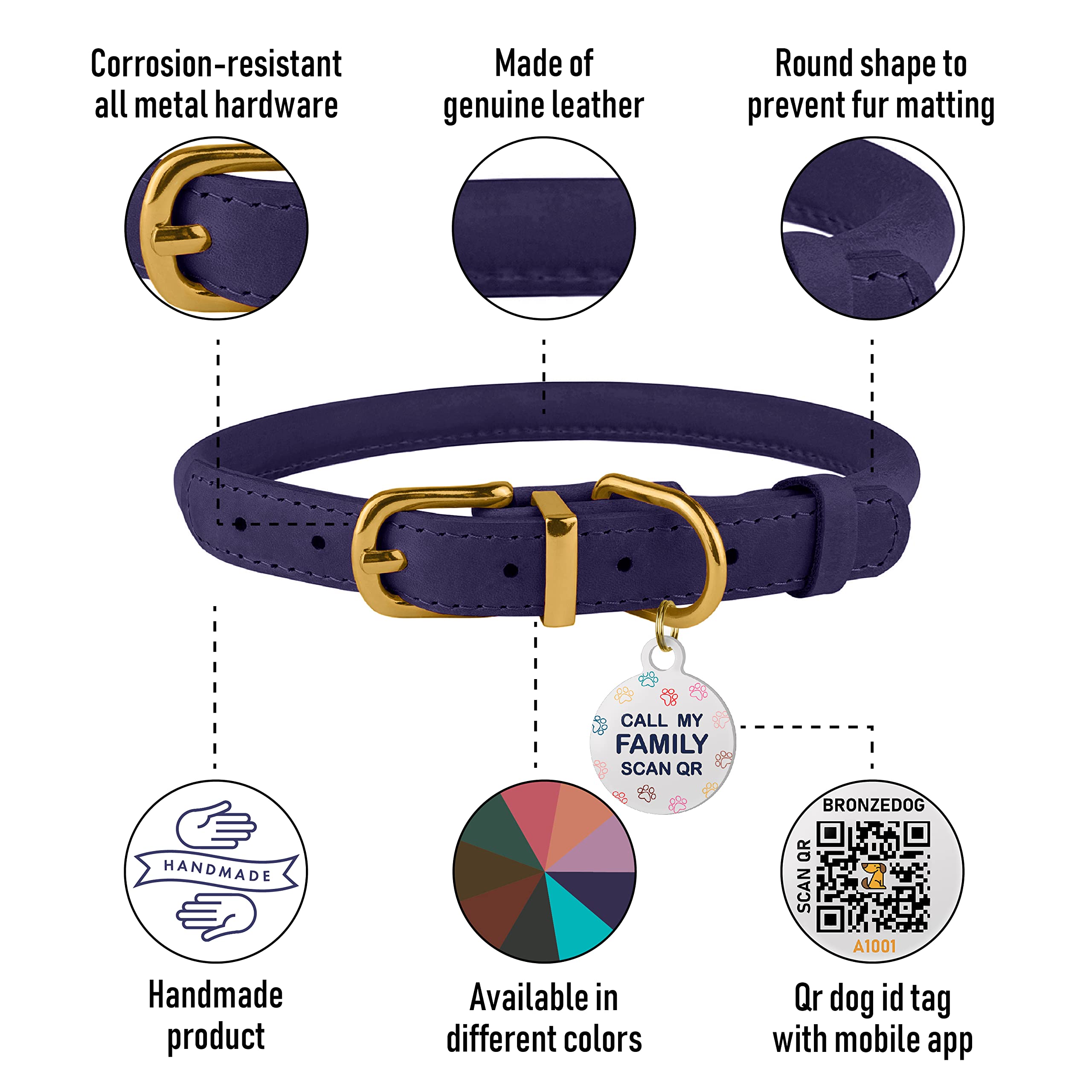 BRONZEDOG ロールレザー犬用首輪 ソフトラウンドロープ ペット首輪 小型中大型犬用 猫 子犬 子猫 ブラック ブルー ピンク(9インチ~11インチ、ブラック ミッドナイト) Amazon | BRONZEDOG ロールレザー 犬用首輪 ソフトパッド入りラウンド