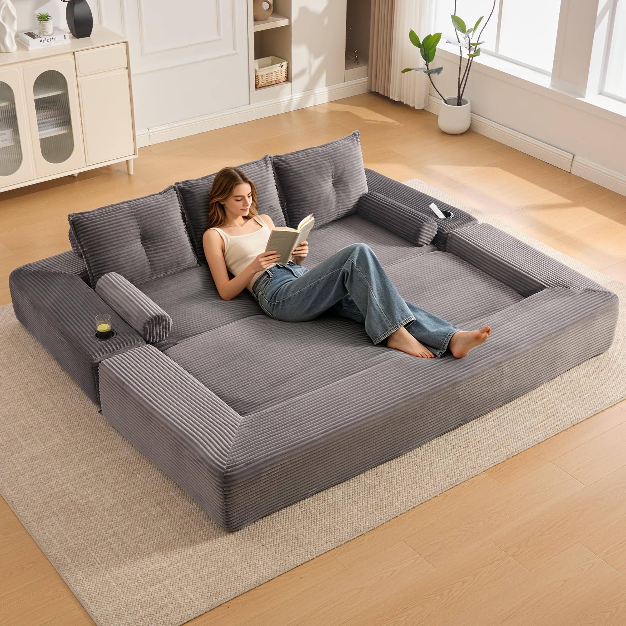 Zepneiy Canapé Compressé avec Oreiller à mémoire de Forme et 2 oreillers décoratifs, Canapé 3 Places avec Poches et Porte-gobelet, Canapé Pliant en Corde avec Mousse Haute densité, Gris Foncé