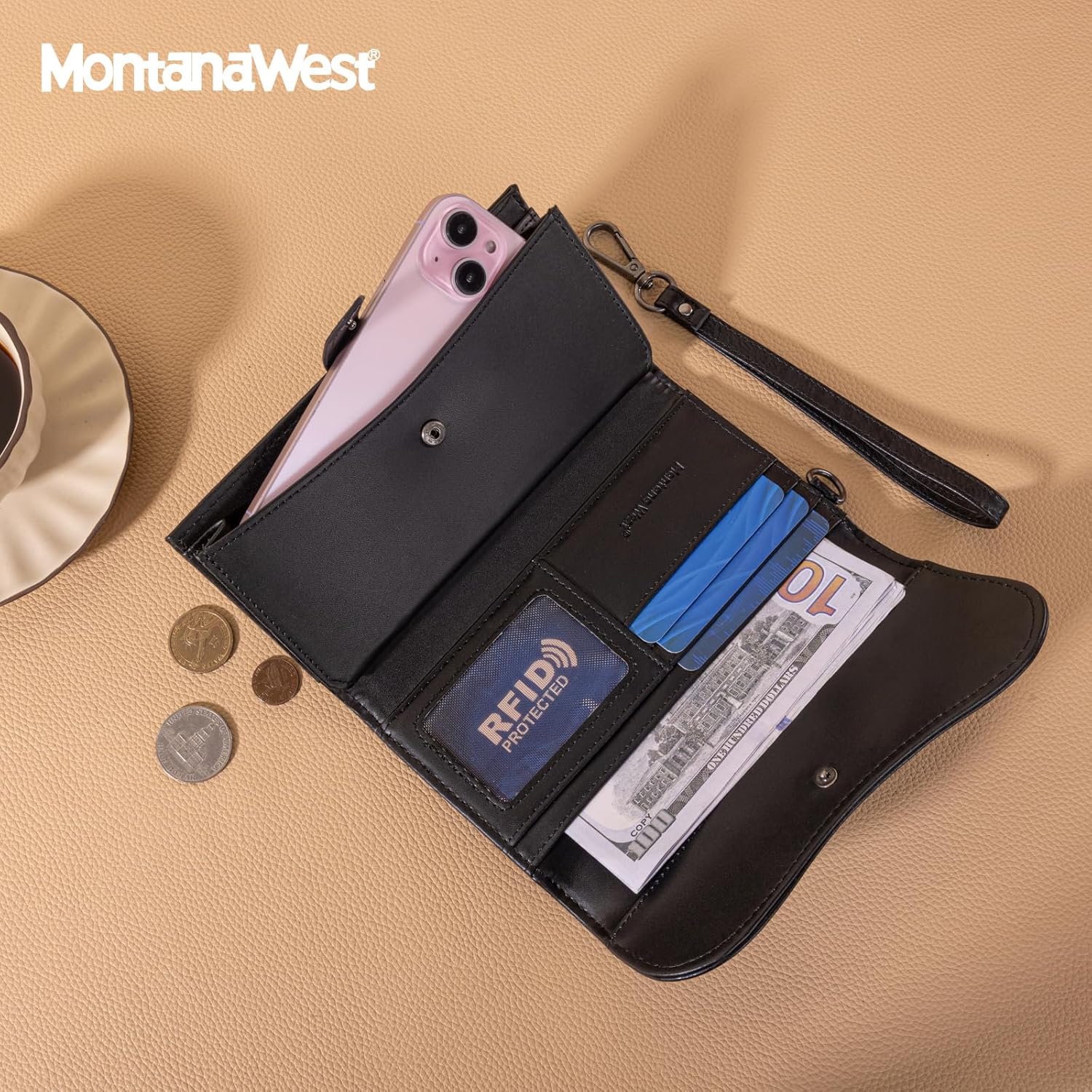 Montana West Wallets for Women Large Phone Wristlet Wallets Trifold Money Organizers with Coin Purse and Wrist Strap - Image 2