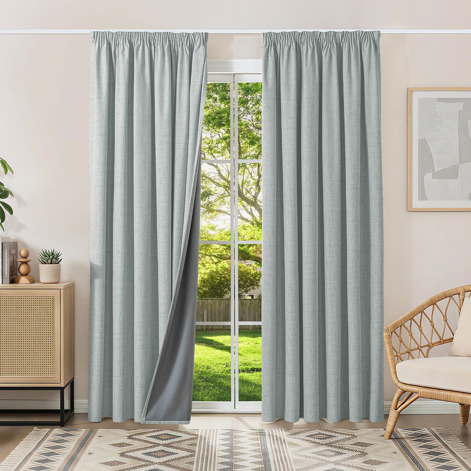 Runyéla 100% Blackout Curtains Pencil Pleat Linen Curtain for Bedroom Living Room Thermal Insulated 90 x 108 Inch Drop 2 Panels Sage Green