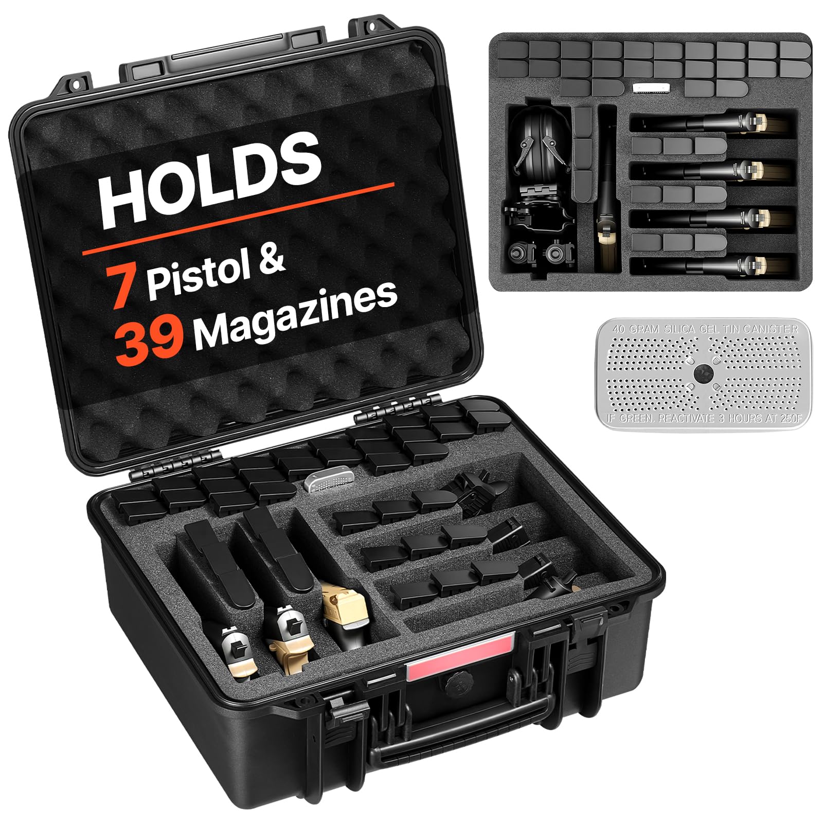 VEVOR Estuche Rígido para Pistola con Revestimiento de Espuma XPE, Funda para 7 Pistolas, Resistente al Agua y Polvo con Interior Personalizable y Asa 491 x 434 x 211 mm, Negro, Cumple con la TSA