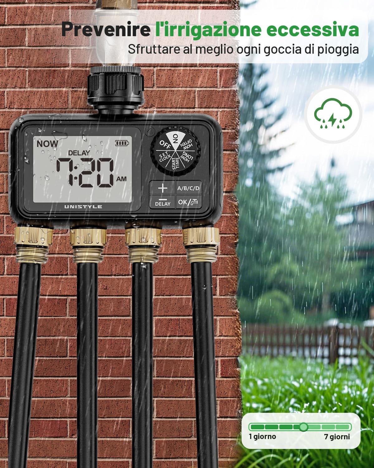 Unistyle Computer per irrigazione a 4 uscite, con timer automatico per l’irrigazione, ingresso in ottone integrato, per giardino, prati (versione in lingua italiana non garantita)