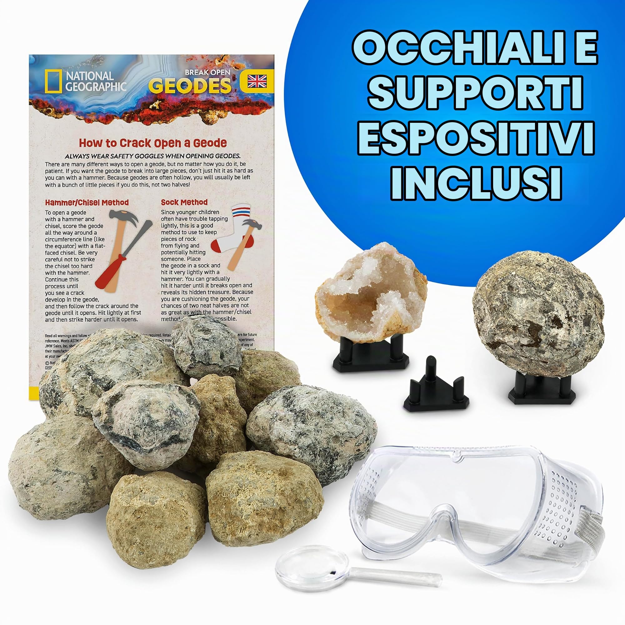 NAZIONALE GEOGRAFICO Rompi 15 Geodi Premium - con Occhiali, Guida all'apprendimento, 3 Espositori, Ottimo Giocattolo Scientifico e Regalo Educativo