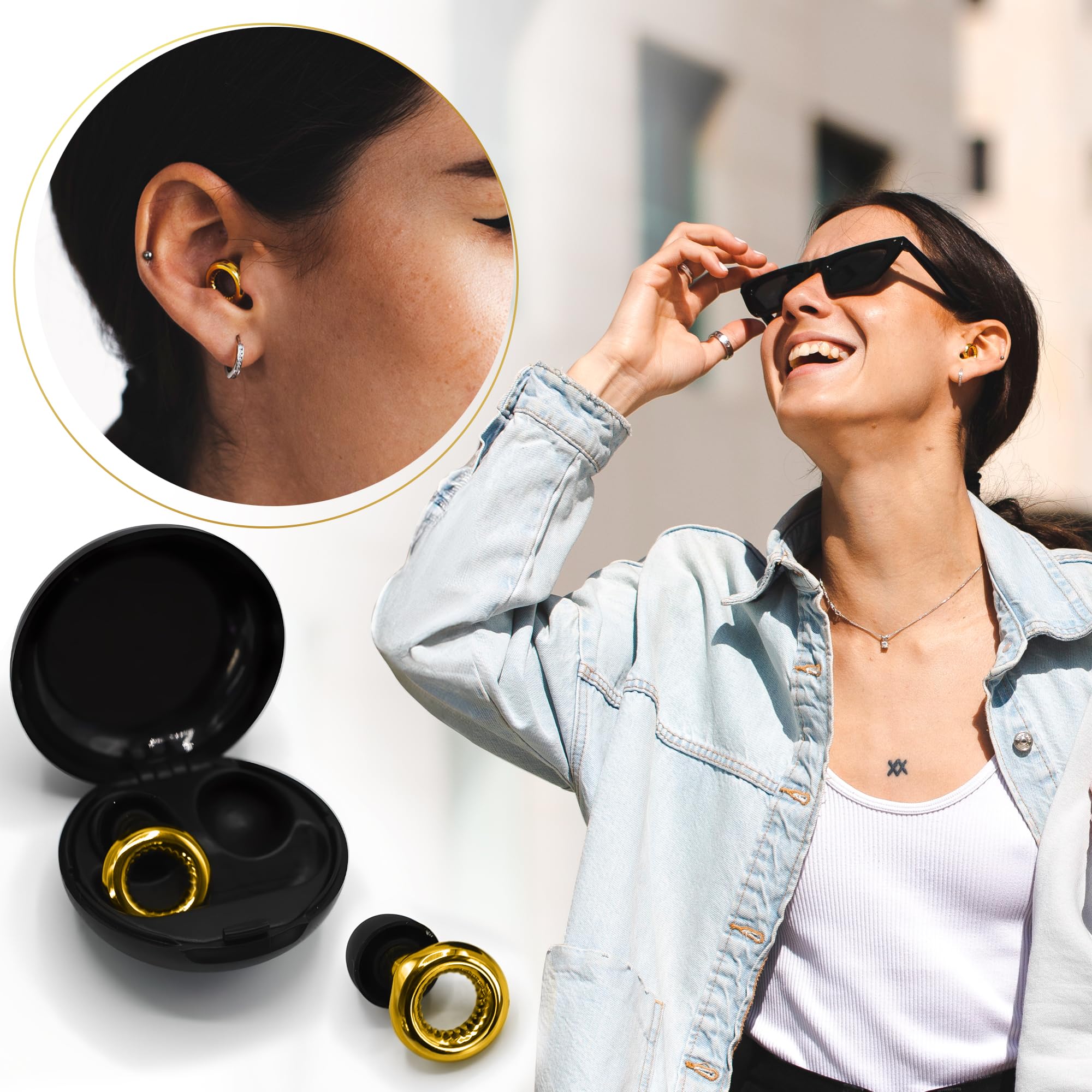 AudioFeel LIVE Radiant Gold - Tapones para los oídos de alta fidelidad para conciertos, fiestas, festivales y entornos ruidosos - 8 almohadillas en XS, S, M, L - Reducción de ruido de 16 dB -