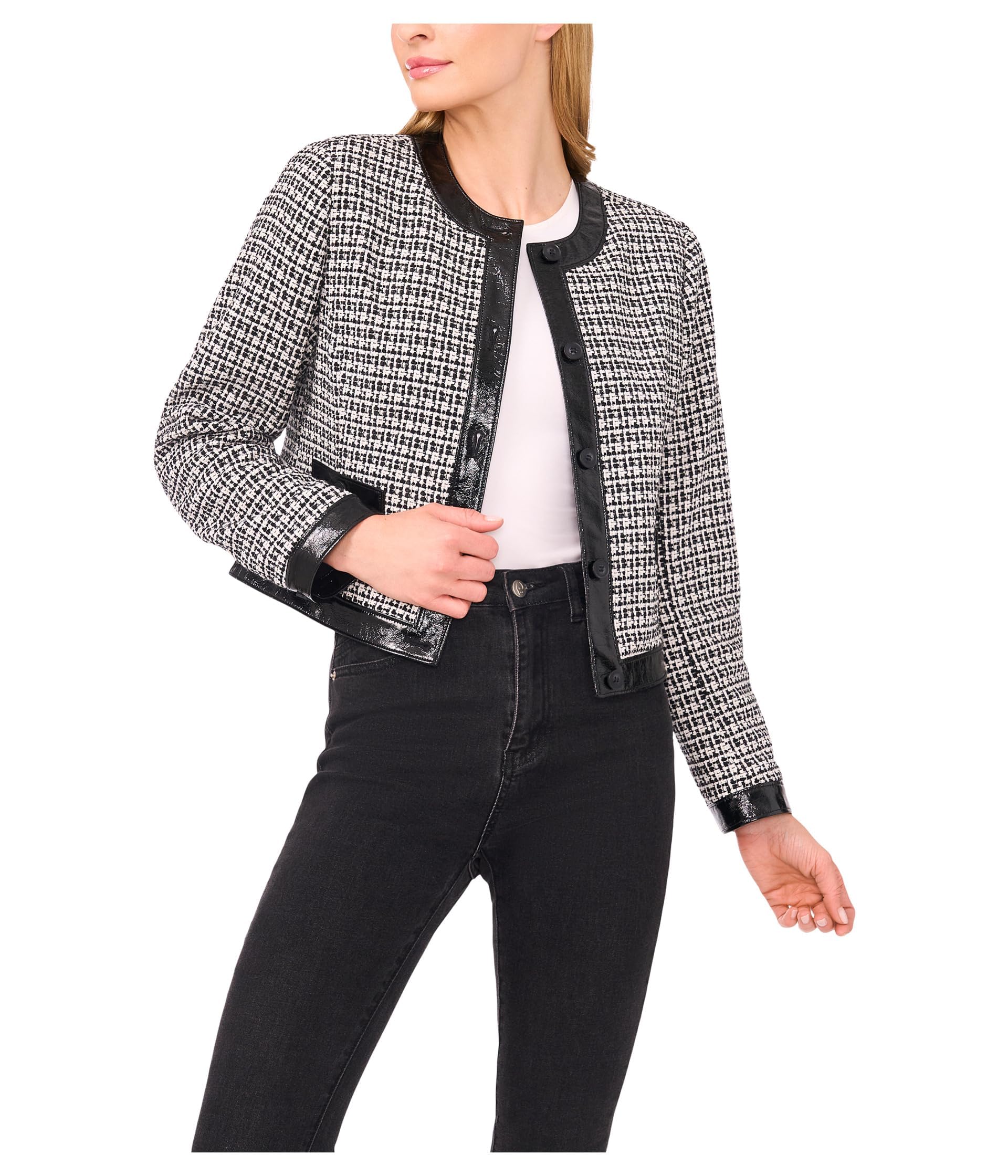 CeCe Womens Long Sleeve Tweed Front Pocket Jacket