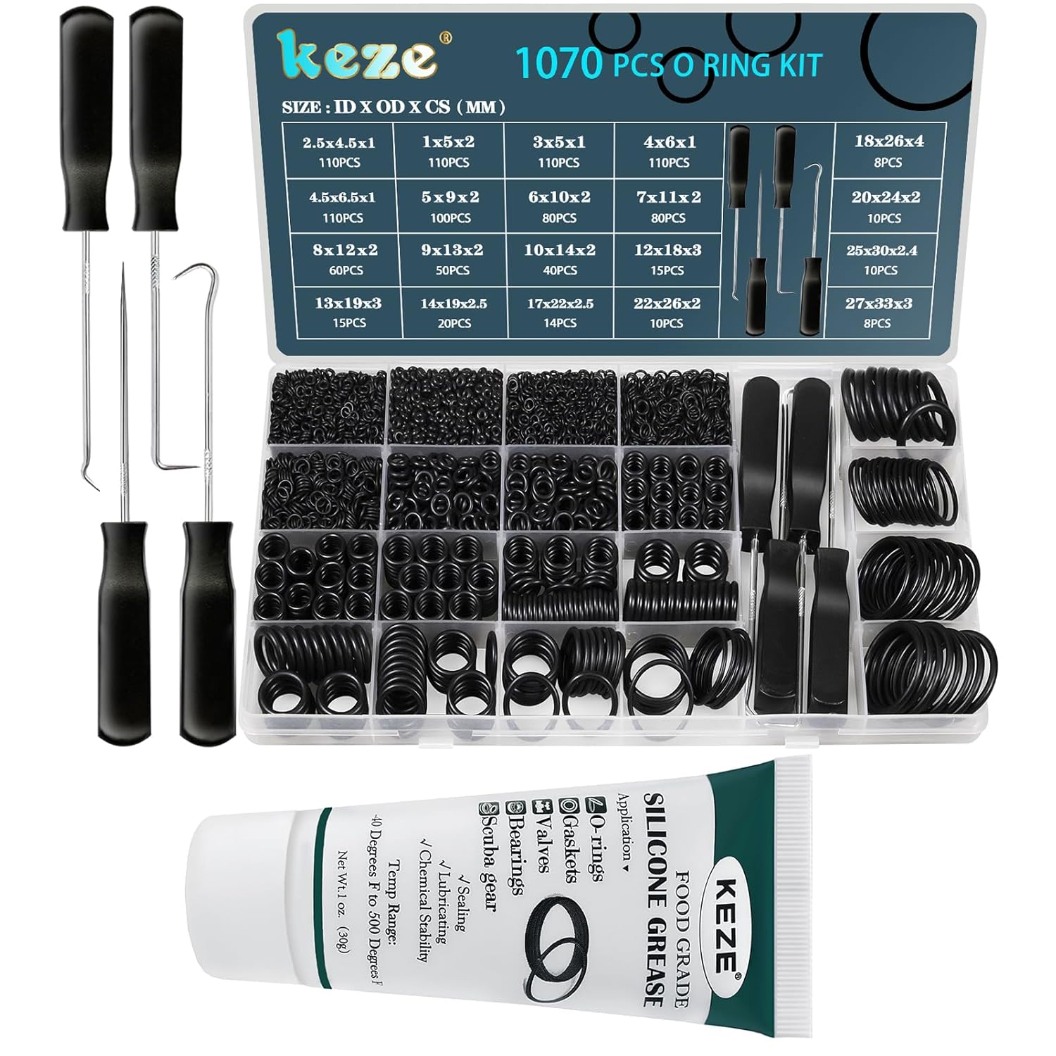 KEZE 1070 Pcs 20 Size O Rings Kit with 4pcs Rubber O Ring