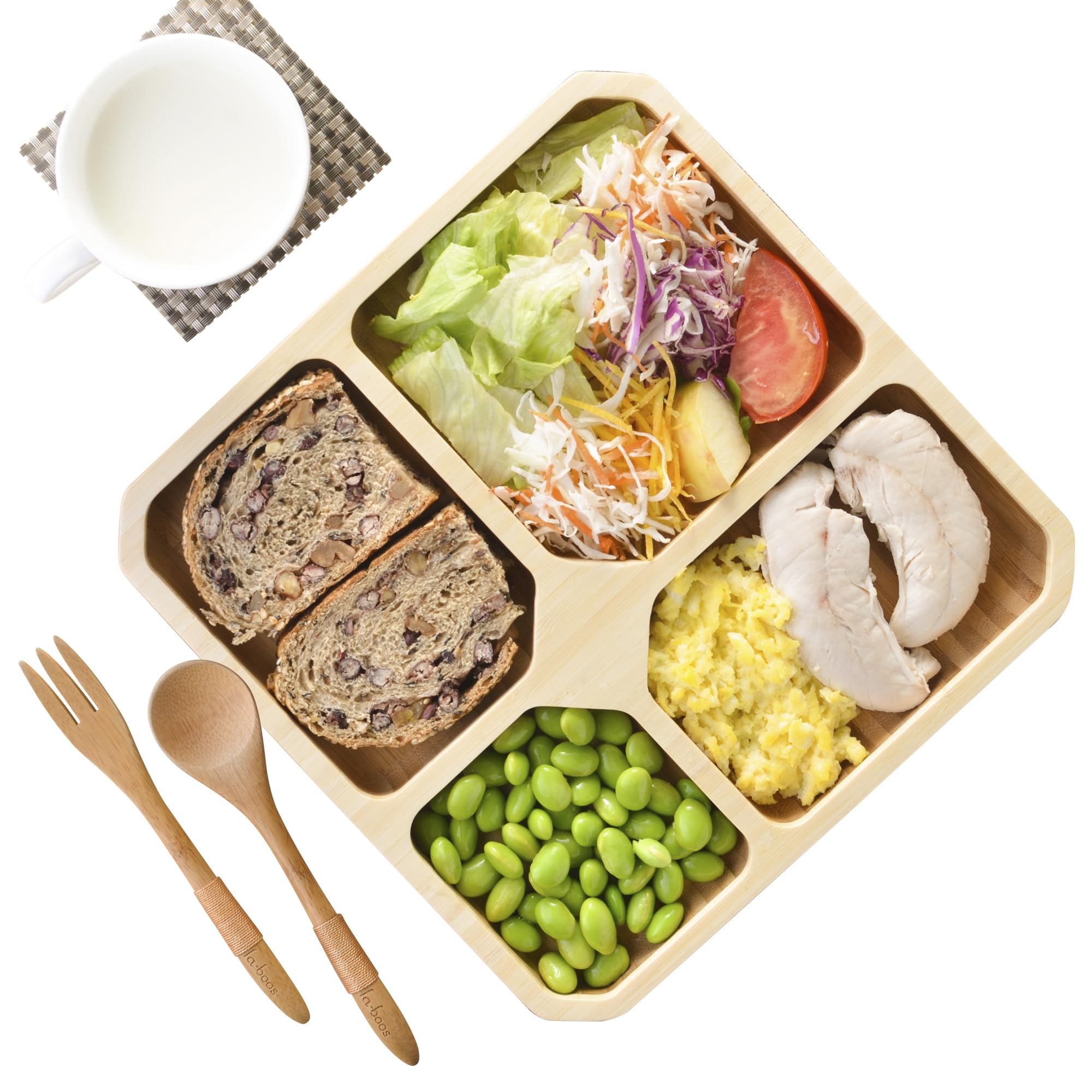 Bamboo Portion Control Plate – 4-Compartment Divided Bento Tray for Balanced Eating, Portion Control & Meal Prep – Square Wooden Dinner Plate for Adults & Kids