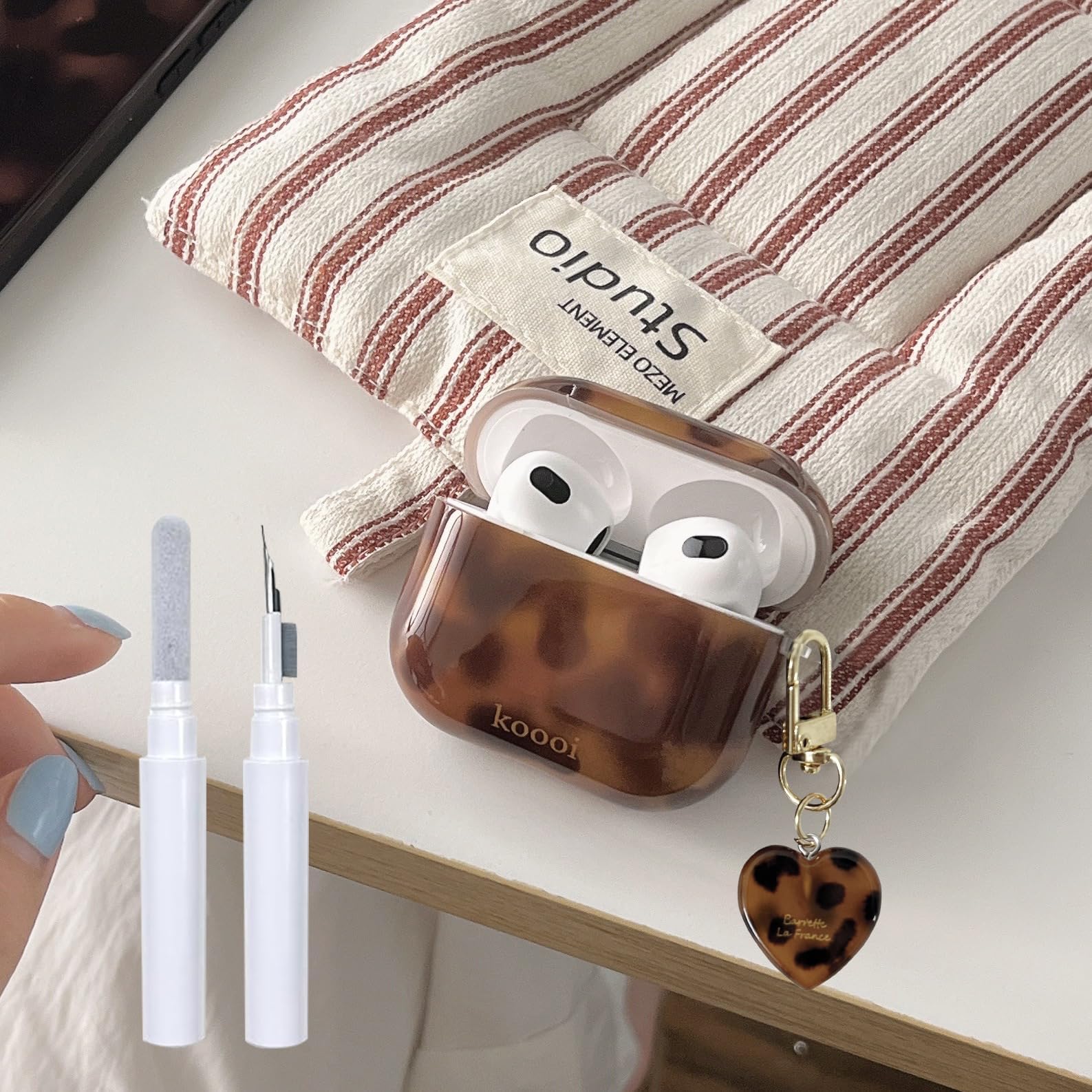 for Airpods 4th Generation Case with Cleaner Kit Tortoise Shell Cute Brown Leopard Cool Aesthetics Shockproof for Airpod Cover Love Keychain-Amber