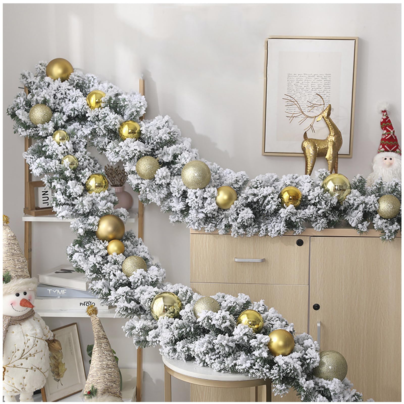 Guirnalda Navideña Artificial Flocada de 270 cm, Guirnalda Navideña Larga de Invierno, Decoracion Navidad para Hogar,Exterior,Interior,Chimenea,Escalera,Mesa,Porche,Oro