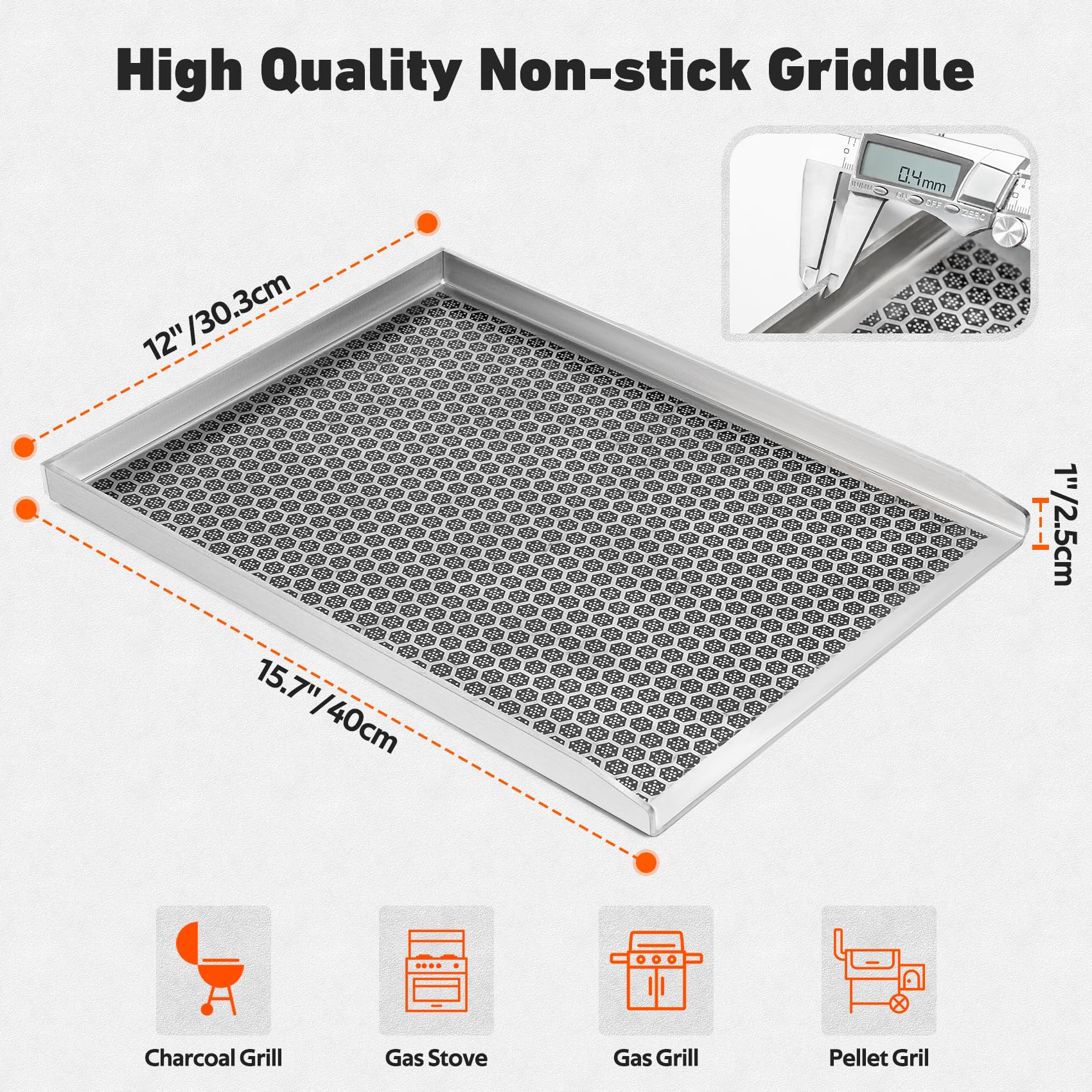 onlyfire Piastra per Barbecue con Rivestimento Antiaderente a Nido d'Ape, Piastra in Acciaio Inossidabile per La Maggior Parte delle Griglie a Gas e A Carbone, Rettangolare Plancha, 40×30 cm