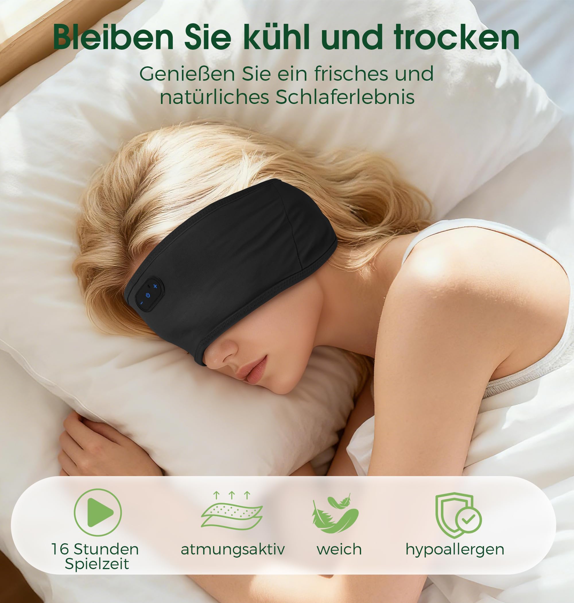 MUSICOZY Schlafkopfhörer Stirnband Bluetooth,Verbessert Kopfhörer Stirnband aus hautfreundlicher Bambusviskose für Schlafen & Sport, kabellose Kopfhörer zum Schlafen für Männer Frauen