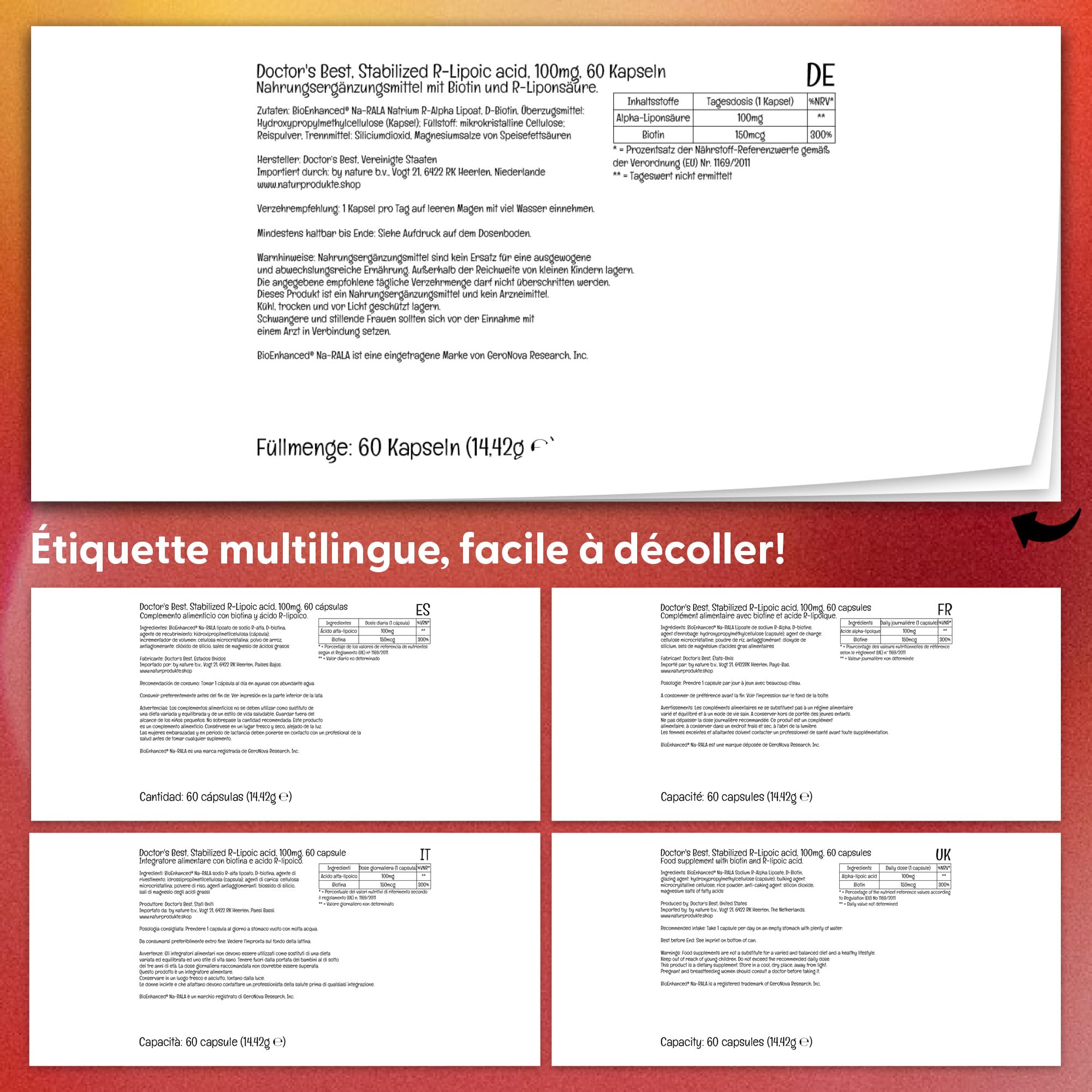 Doctor's Best, Stabilized R-Lipoic-Acid (Acide R-Lipoïque Stabilisé), 100 mg, 60 Gélules végétaliennes, Sodium, Testé en Laboratoire, Sans Soja, Sans Gluten, Sans OGM