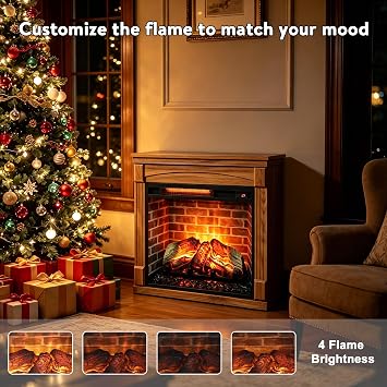 28 Electric Fireplace with Mantel, Freestanding Fireplaces with Realistic Flame & Logs, Remote Control, Timer, Adjustable 4 Flame Brightness, Indoor Fireplace for Living Room & Bedroom