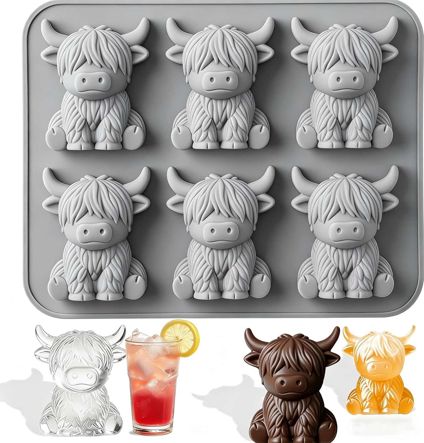 highland cow ice cube tray creates adorable shapes. This ice cube mold also works as a silicone mold for chocolate, jelly, and butter. reusable 6-cavity. Great for whiskey, cocktails, and unique gift.