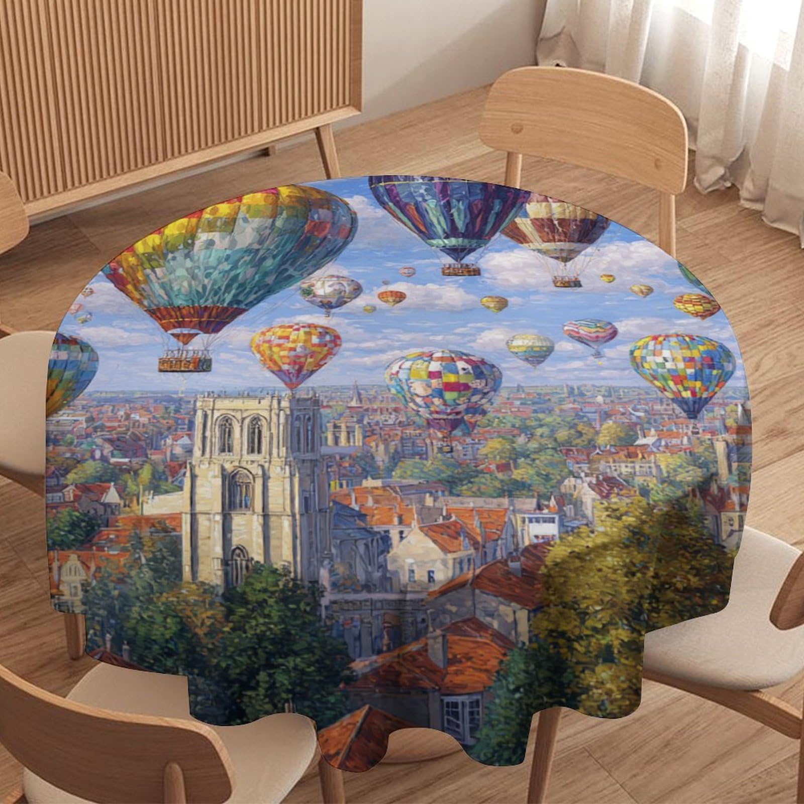 LUYYSKY Modern Abstract Hot Air Balloon Waterproof Round Tablecloth European Oil Painting Italian Town Print Washable Table Cover for Kitchen-91.4" Wx91.4 L cm