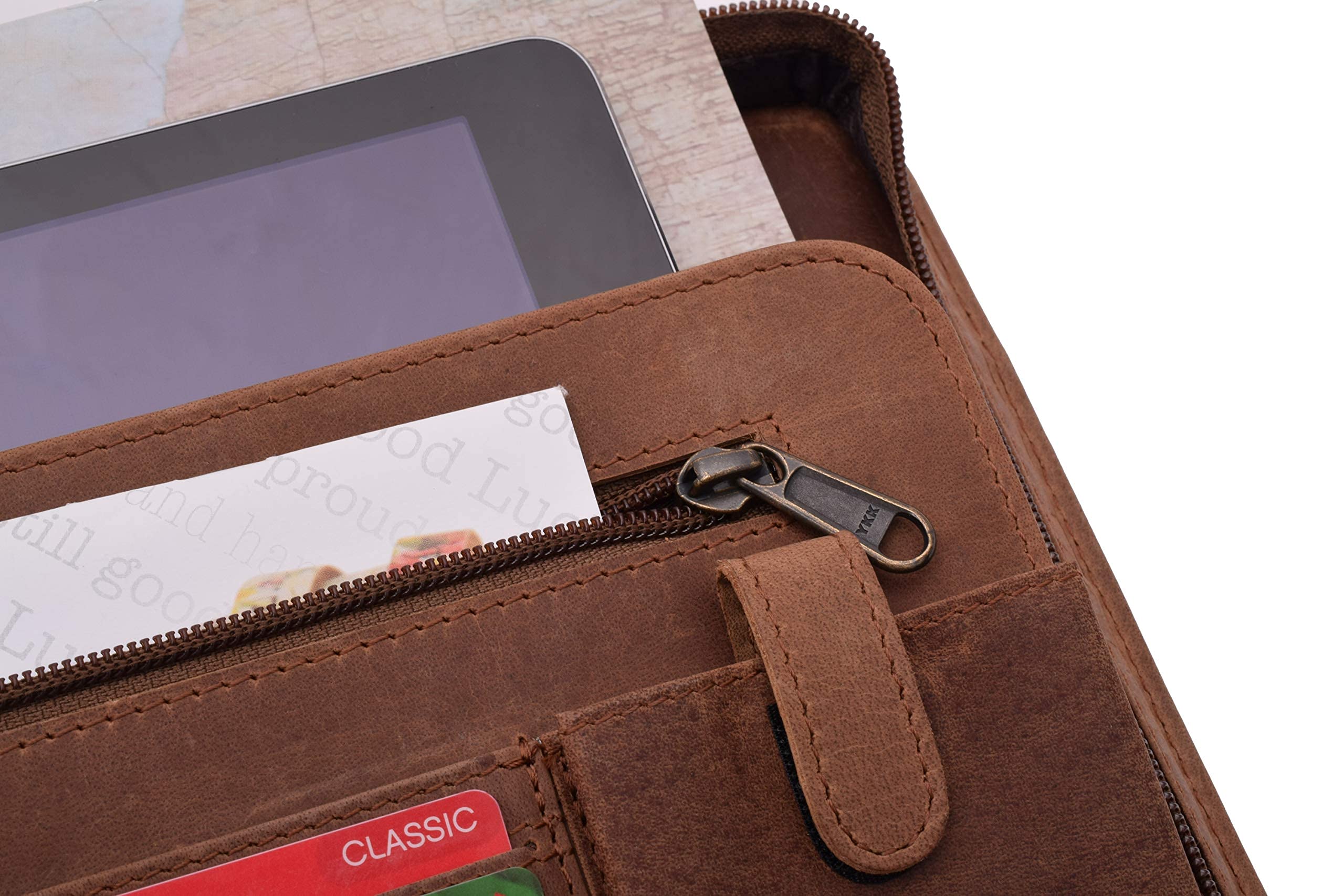 MENZO Lederschreibmappe, Dokumentenmappe, echtes Büffelleder Ledermappe, Schreibmappe, Businessmappe, Messenger bag, Mappe für Ringeinlagen, Konferenzmappe, Ledermappe, (braun/dunkelbraun)