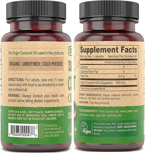 Vista 7 de Deva Nutrition Cápsulas de aceite de coco virgen vegano, 90