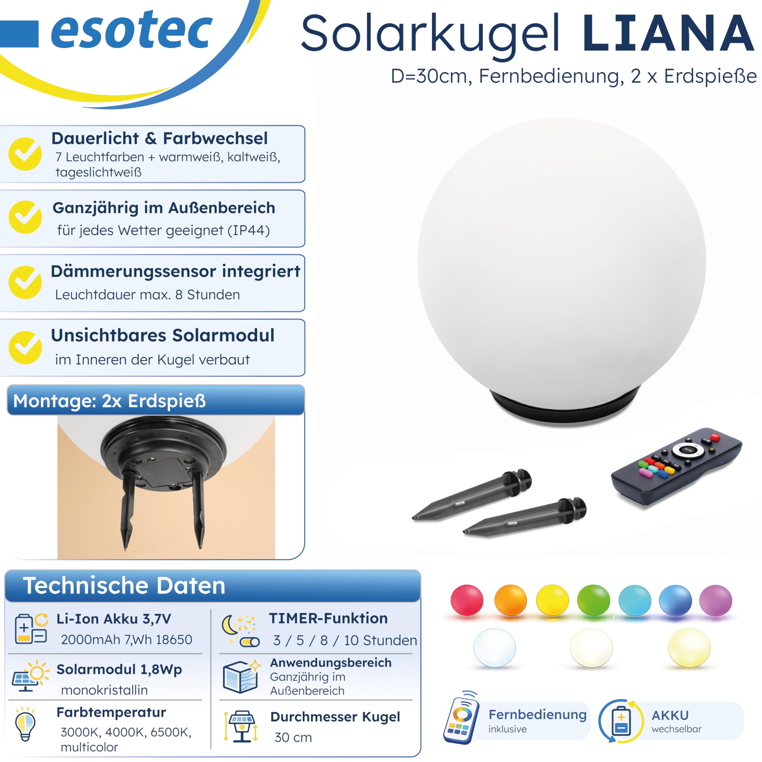 Esotec Solarkugeln für außen Leuchtkugel Outdoor Solar Liana CCT ⌀30cm, Solar Kugelleuchten Garten, Fernbedienung, 10 Lichtfarben, RGB 102640