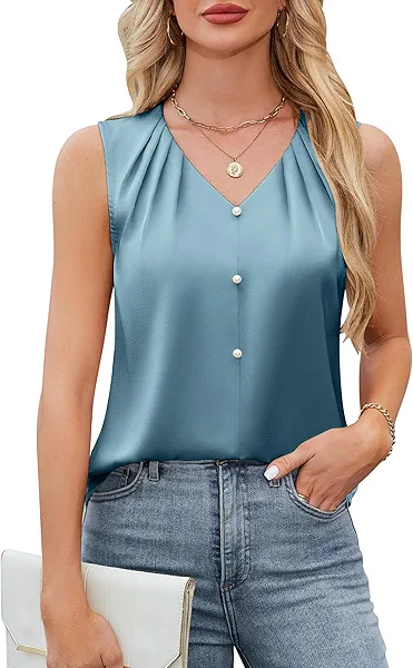 Blooming Jelly Womens Satin Tank Tops V Neck Sleeveless Summer Dressy Silky Blouse Ladies Trendy Work Business Casual Outfit