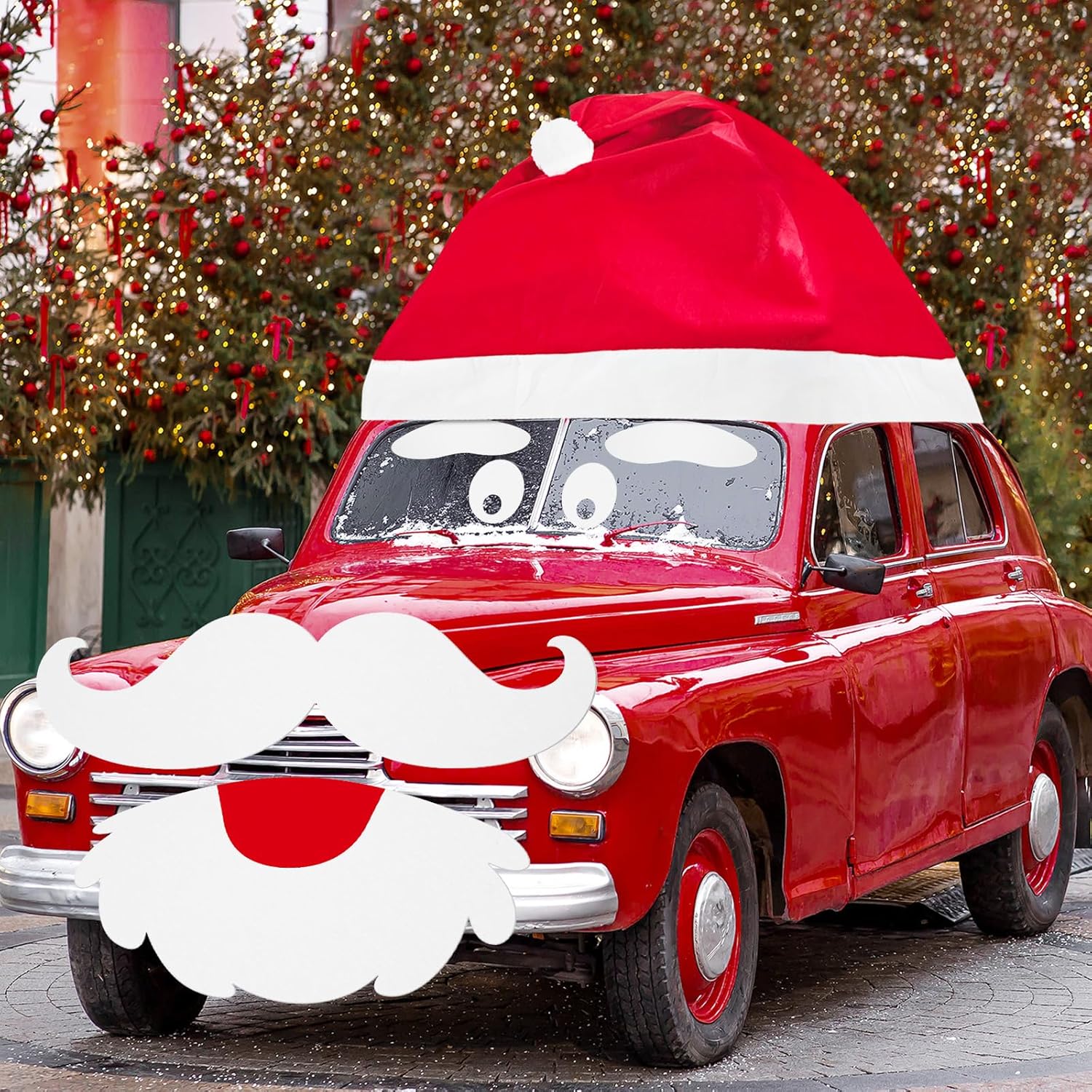 Cinrobiye 8 Pcs Large Christmas Car Decoration Santa Claus Hat Beard Face Sticker Outdoor Car Covers for Xmas Cars Costume Auto Accessories Felt Santa Vehicle Golf Kit Xmas Gift Set Supplies