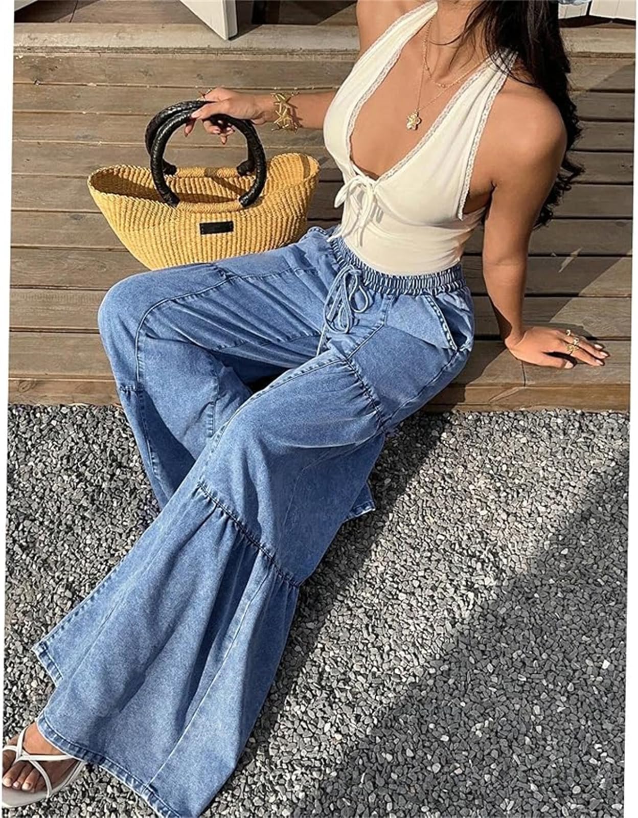 Pantalon Palazzo Femme Jambe Large Jean Flowy en Denim à Volants à Niveaux Taille Haute avec Cordon Poches